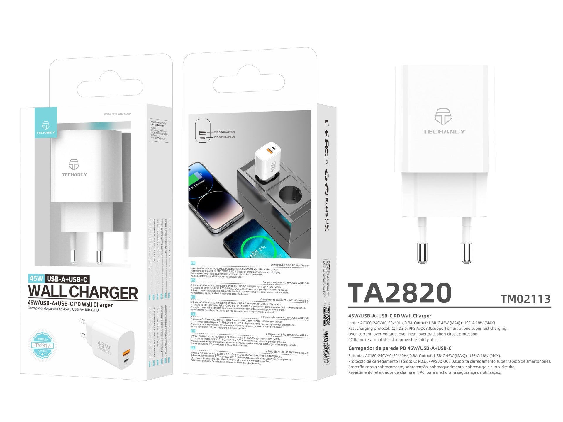 Techancy Carregador USB-A+USB-C TA2820, 45W PD, Dupla SaIda, Design Portatil, CompatIvel com Múltiplos Dispositivos