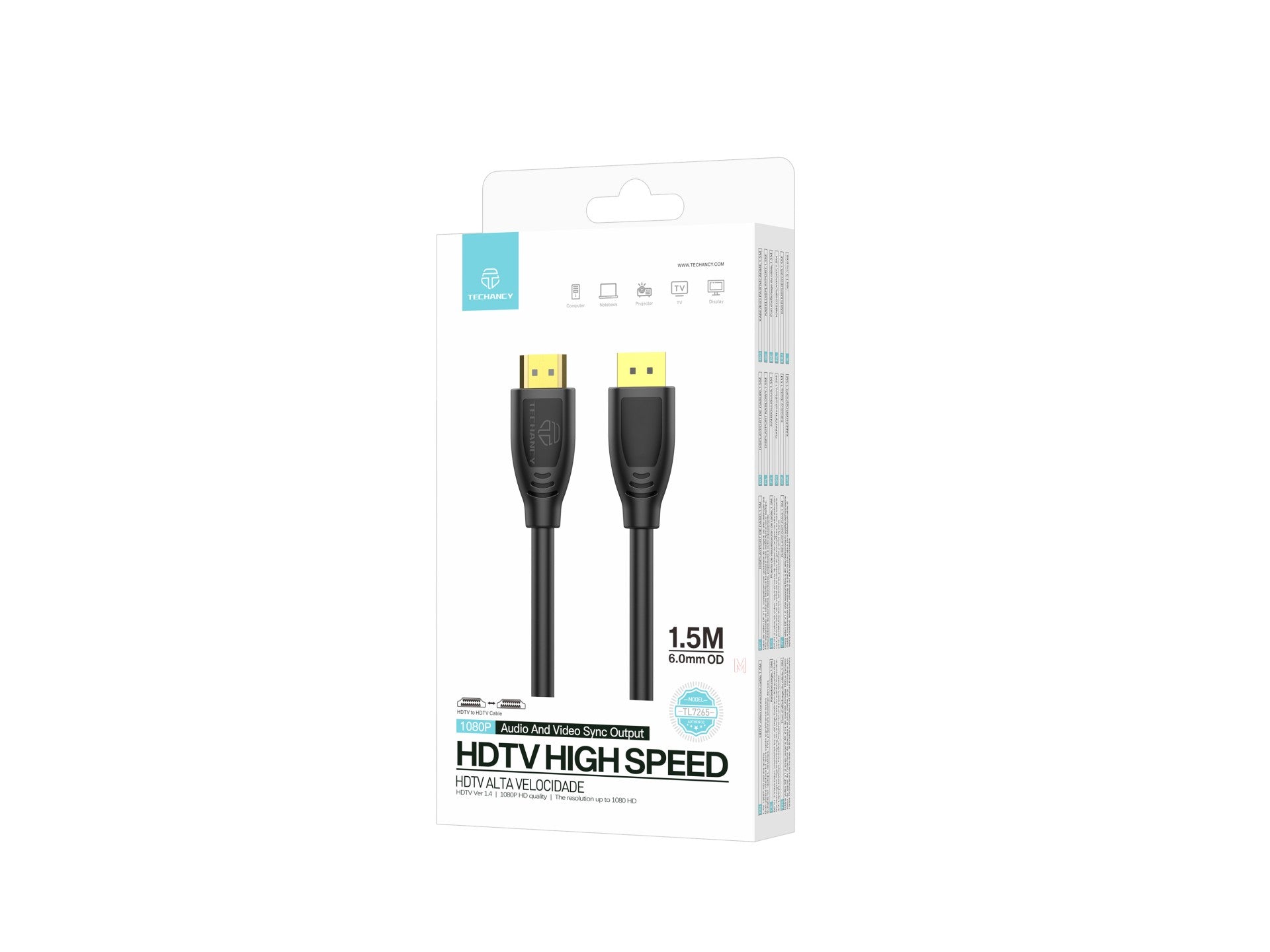 Techancy High Speed HDTV Cable TL7265, 1.5m, 1080p HD Screen for Televisions, Computers, Projectors and Consoles