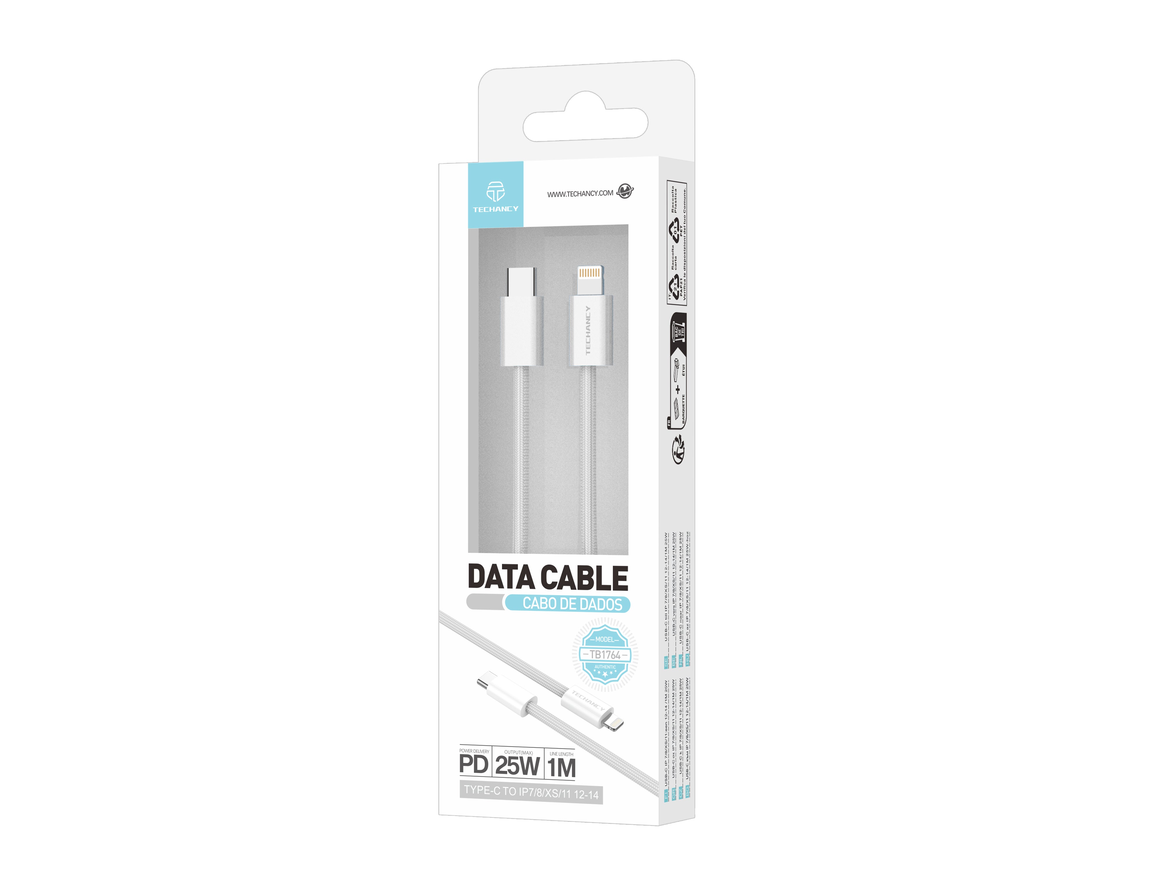 Techancy Cabo de Dados PD TB1764, 25W, 1m Branco, USB-C para Lightning, CompatIvel com iPhone 8/XS/11-14, Design Trancado Resistente