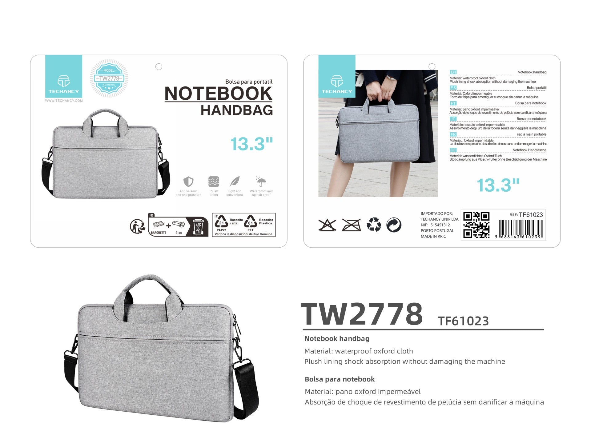 Bolsa para portátil Techancy TW2778, gris, 13,3 pulgadas, correa ajustable