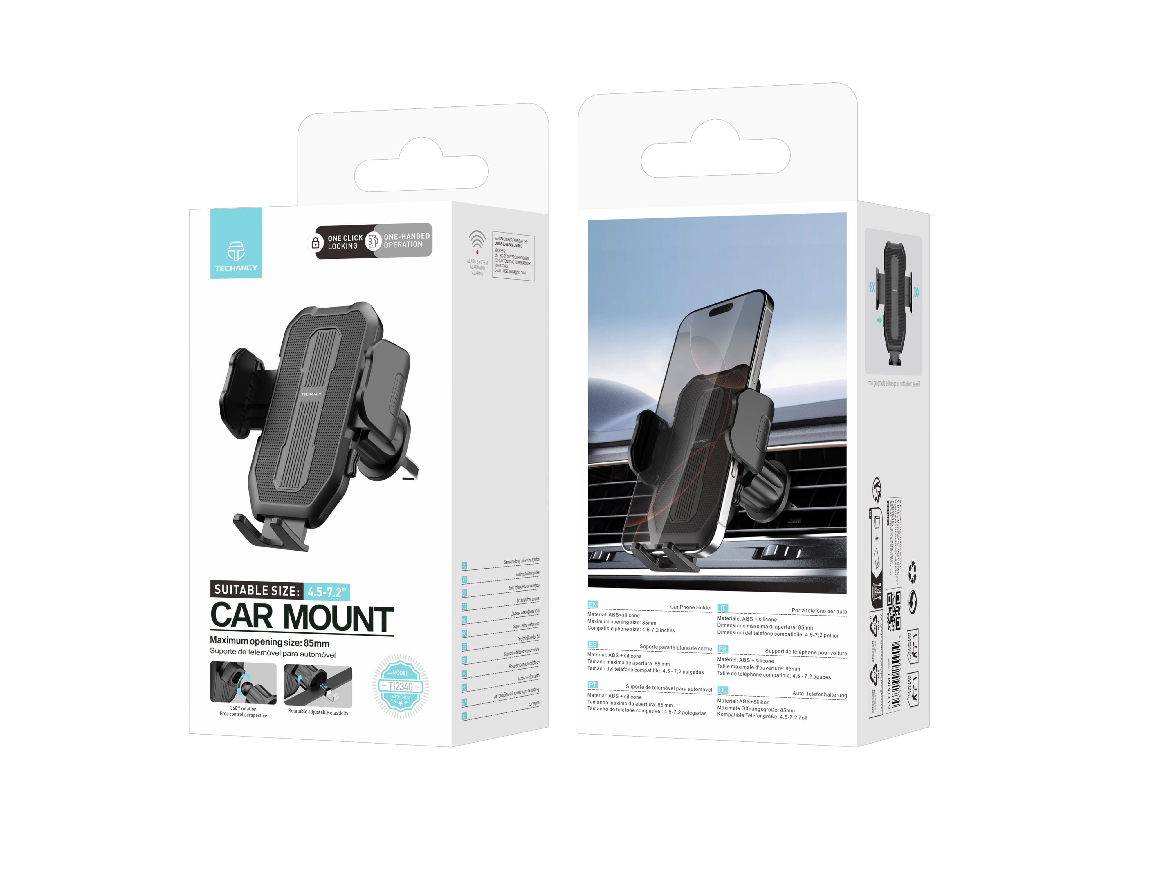 Techancy suporte de telemovel para carro TI2340 Operacao com uma mao Compativel com 4.5-7.2 pol Preto
