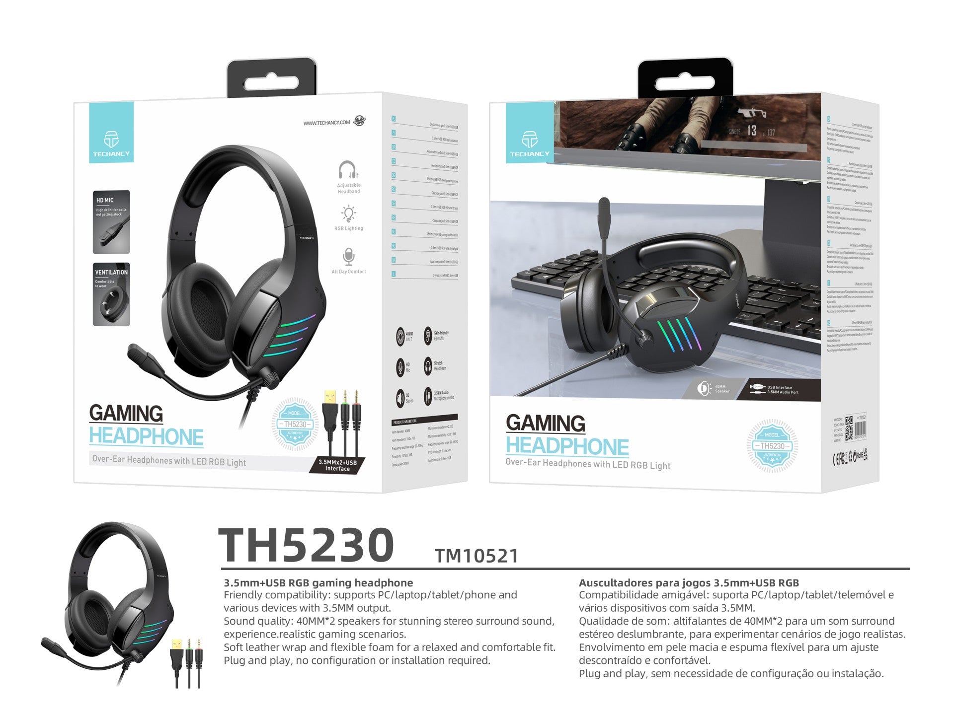 Techancy Auscultadores Estéreo Para Jogos  TH5230, Interface 3,5 Mm+Usb Para Pc, Revestimento Em Pele Macia, Plug And Play.