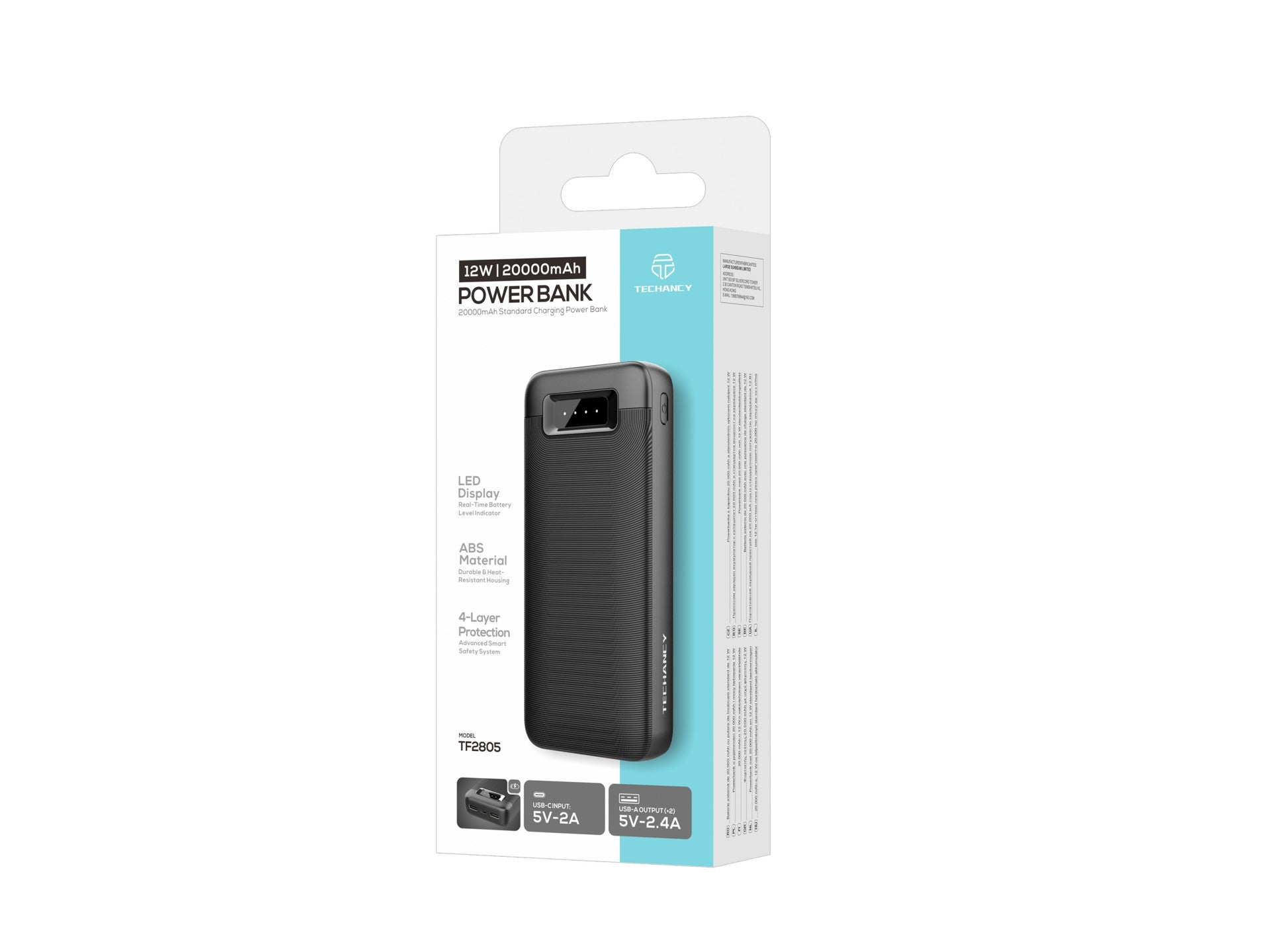 Techancy Power Bank 20000mAh TF2805 12W com USB-C e 2 USB, Indicador LED, Compativel com Telemoveis e Tablets, Preto