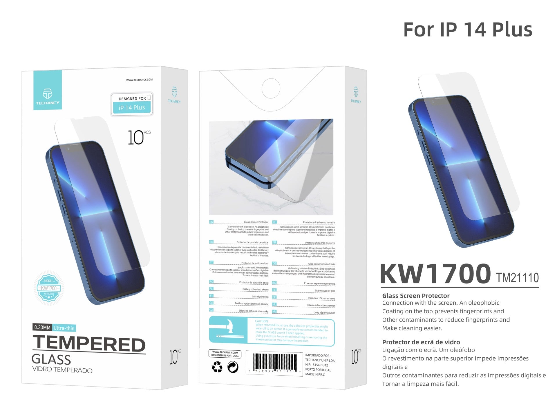 Techancy Película de Vidro Temperado  para iPhone 14 Pro KW1700 , 0.33MM, Anti-riscos, Alta Transparência, Fácil Aplicação