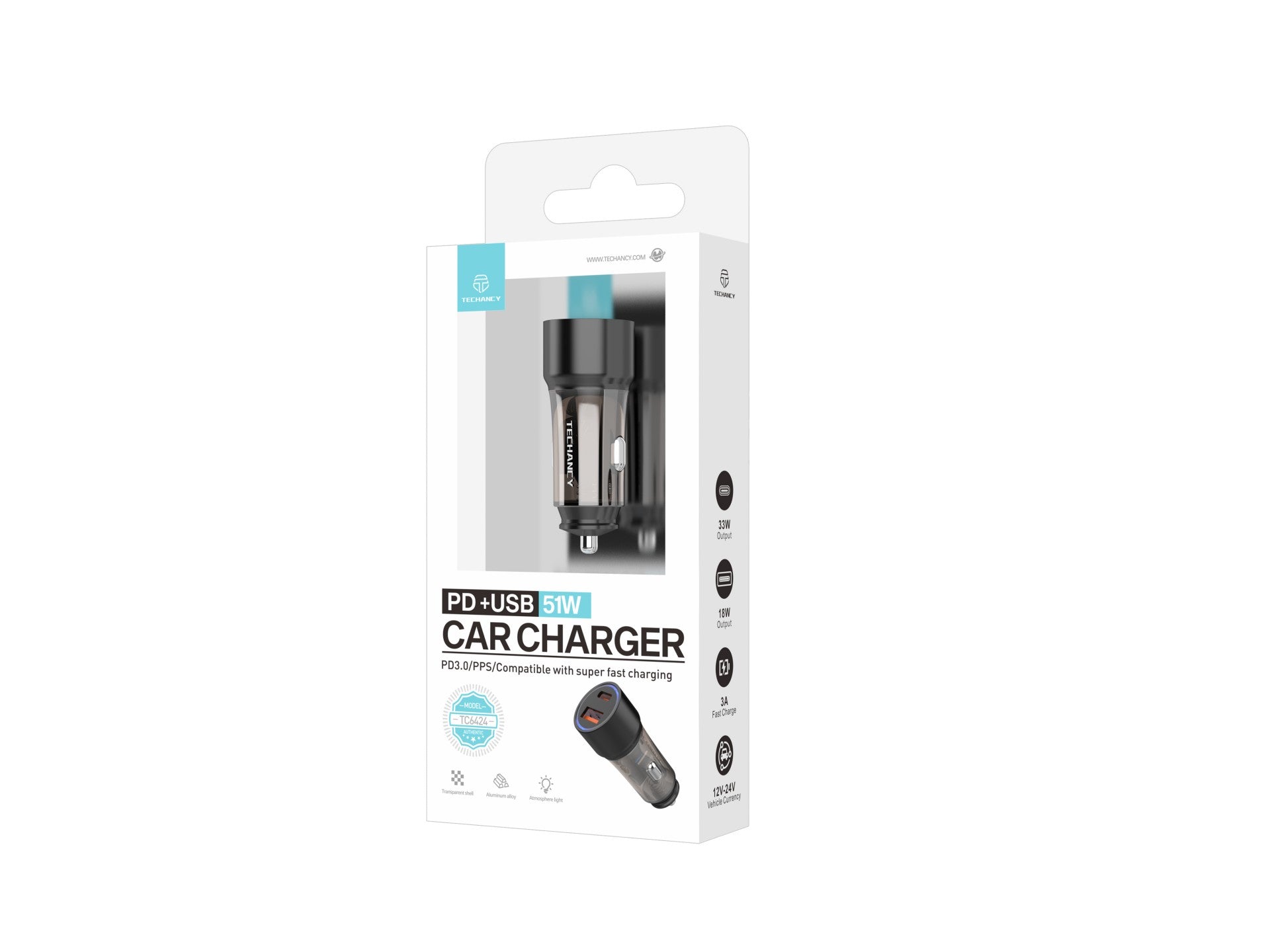 Cargador de coche Techancy TC6432 de 51 W con dos puertos USB-A y USB-C para cargar varios dispositivos. Transparente.