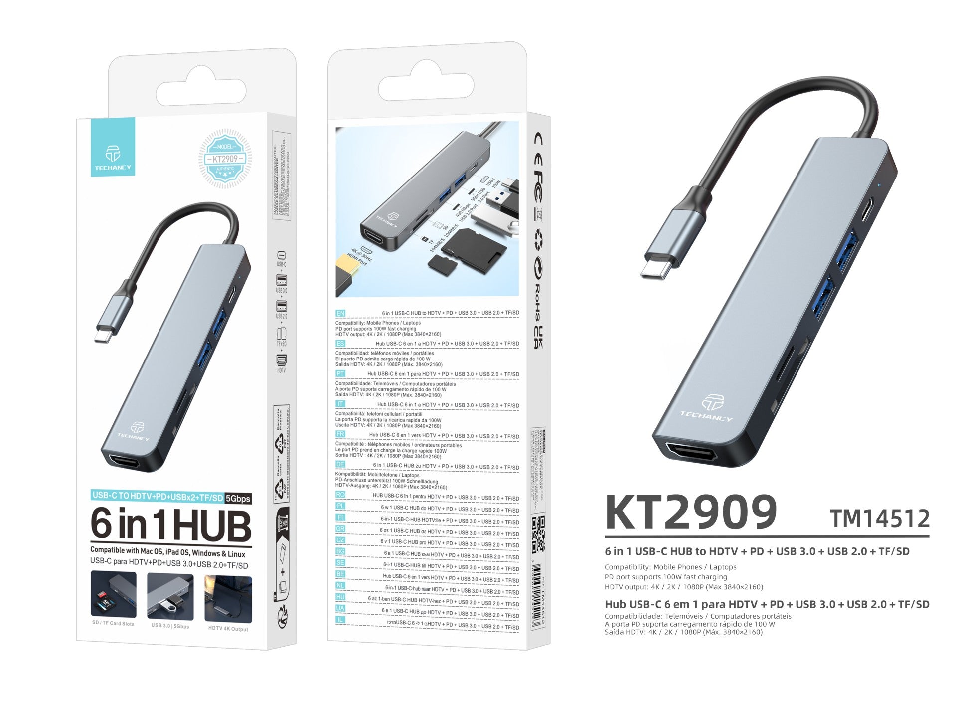 Techancy Hub USB-C 6 em 1 KT2909 com HDTV, PD, USB 3.0/2.0 e Leitor TF/SD, Compativel com PC e Telemovel, Cinzento