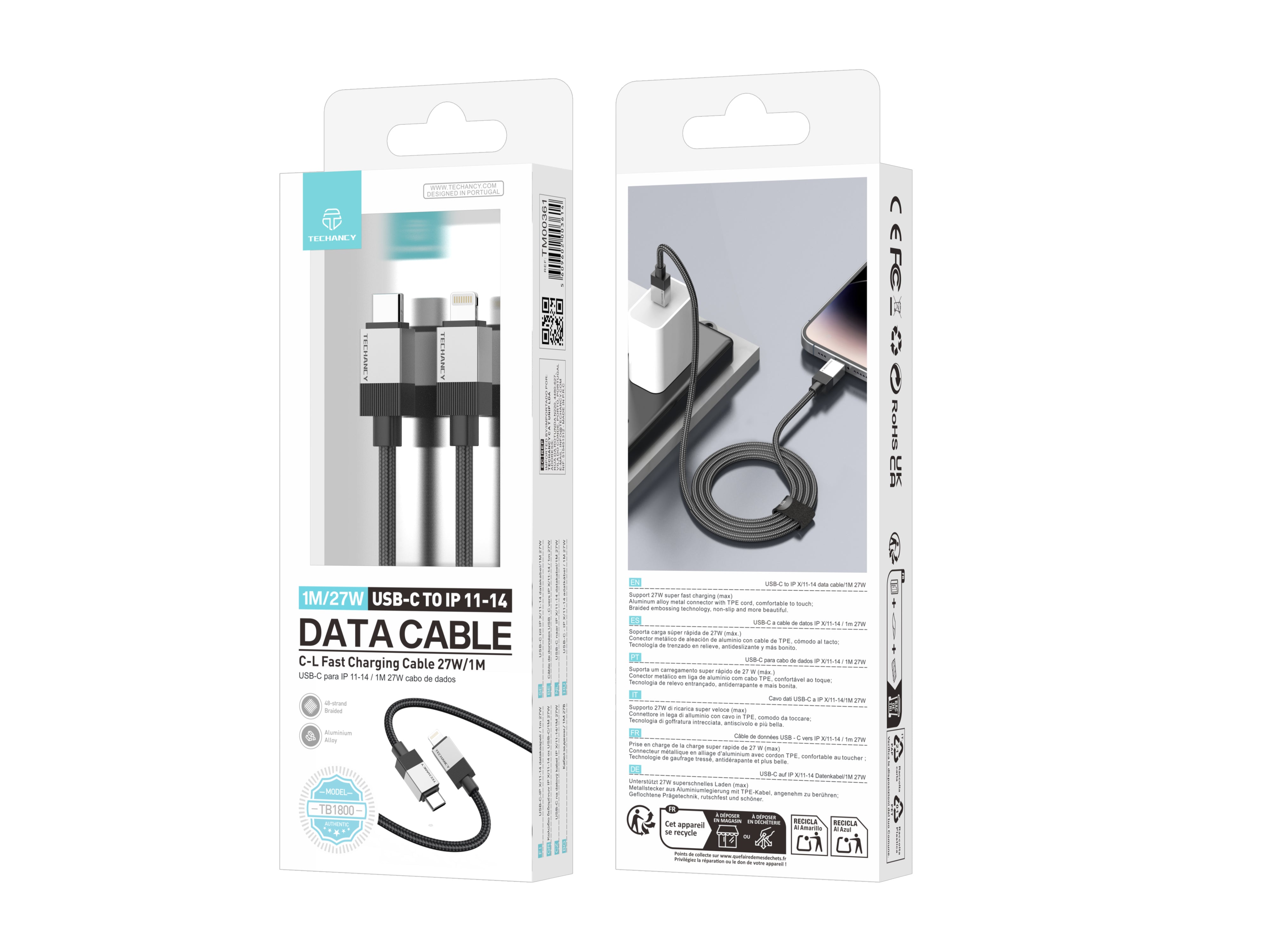 Techancy Cabo de Dados PD TB1800, 27W, 1m Preto, USB-C para Lightning, Conector de Liga de AlumInio, CompatIvel com iPhone 11-14