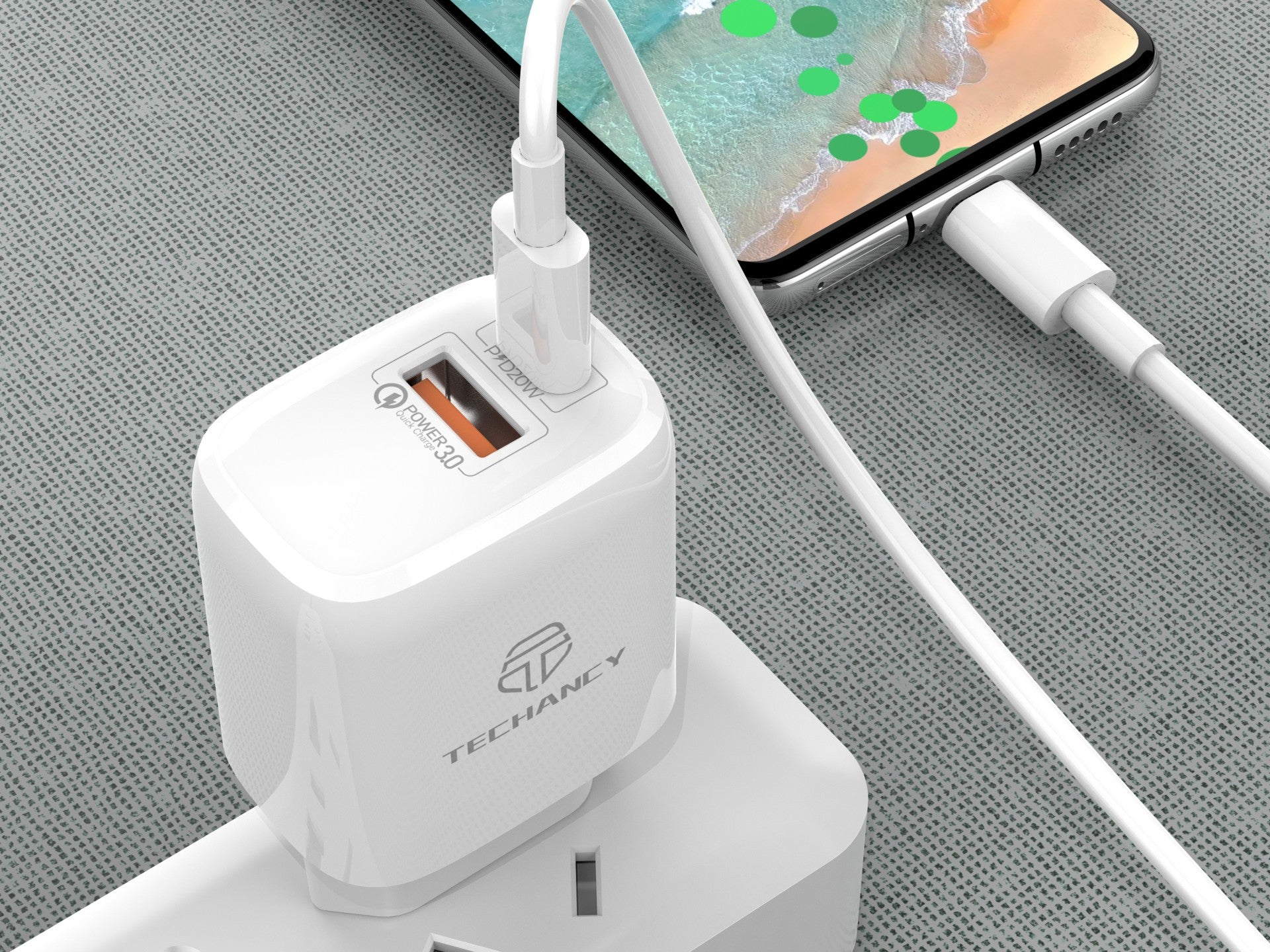 Cargador Techancy TA2802 blanco de 20 W con compatibilidad con PD y QC3.0 y cable USB-C blanco de 1 m
