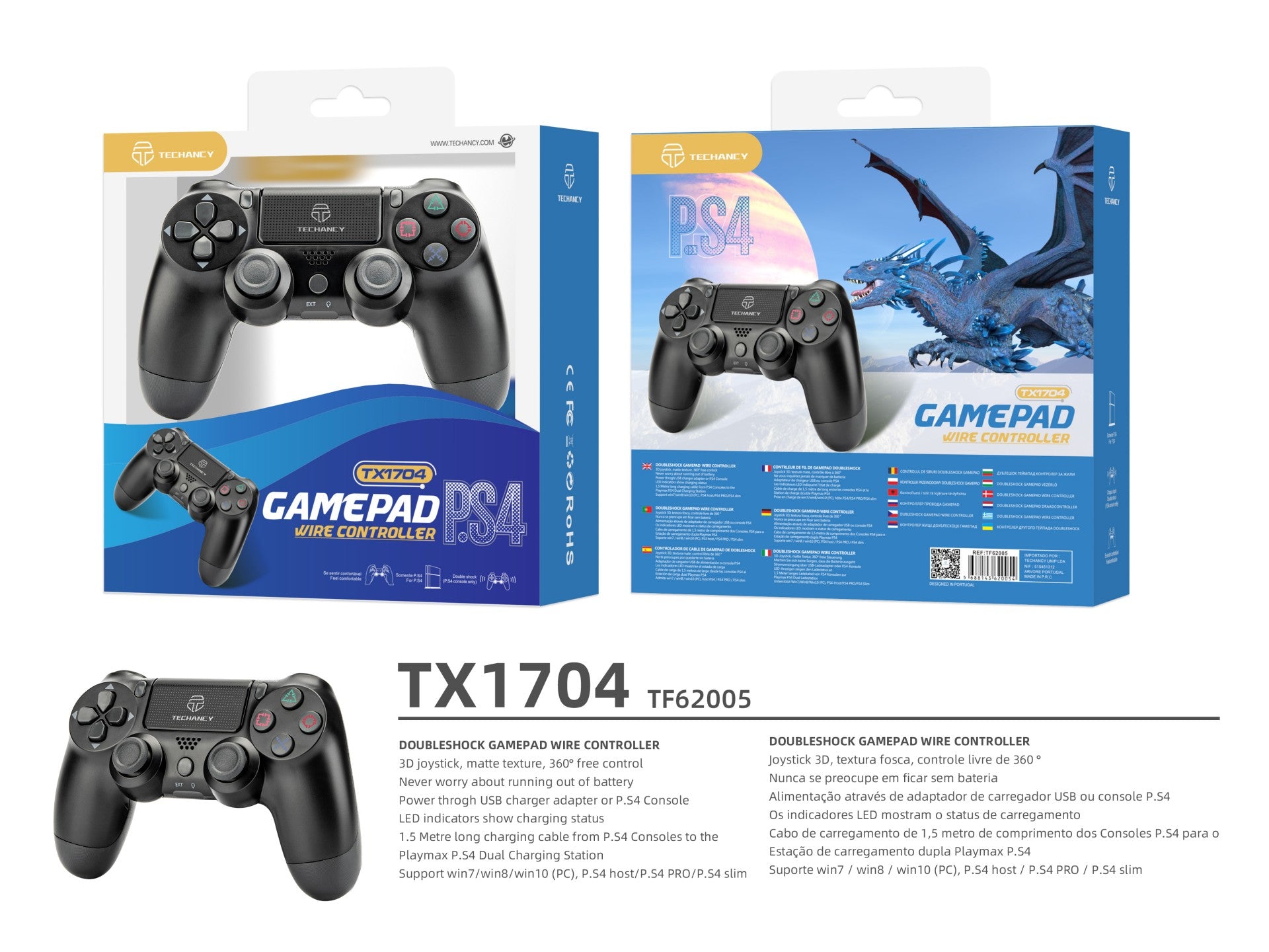 Techancy TX1704 USB Wired Game Controller for PS4 + PC, with Dual Joysticks and Vibration Feedback, Black