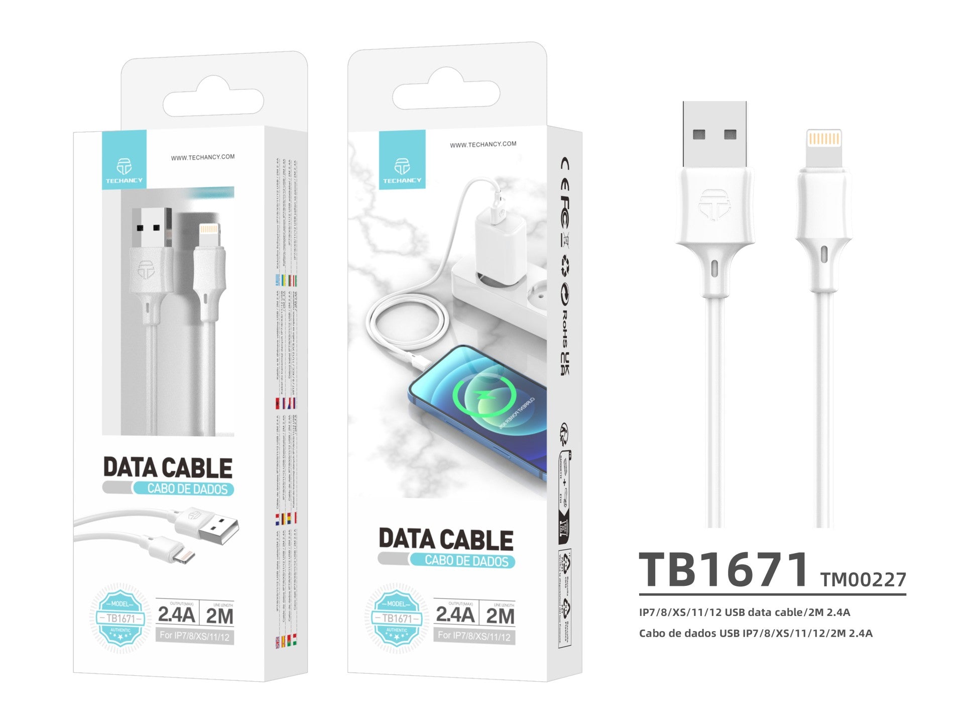 Techancy Cabo De Dados Usb-Lightning Branco TB1671, 2m De Distância, Carregamento 2.4a, Compatível Com Iphone/Ipad