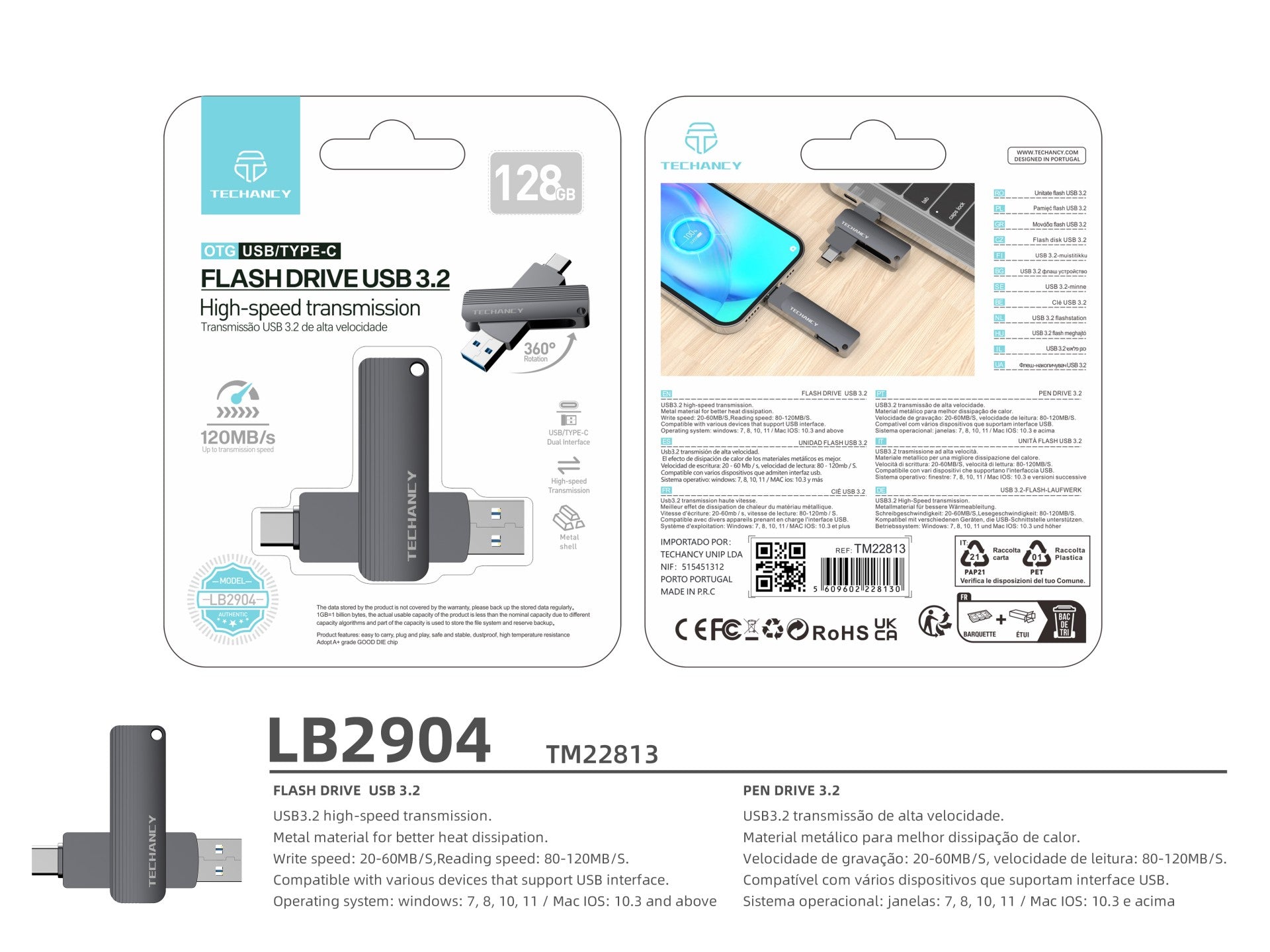 Techancy Unidade Flash Usb3.2 De Alta Velocidade LB2904, 128 GB, Conetor 2 Em 1 Tipo C E Usb-A, Compatível Com Pc/Móvel/Mac