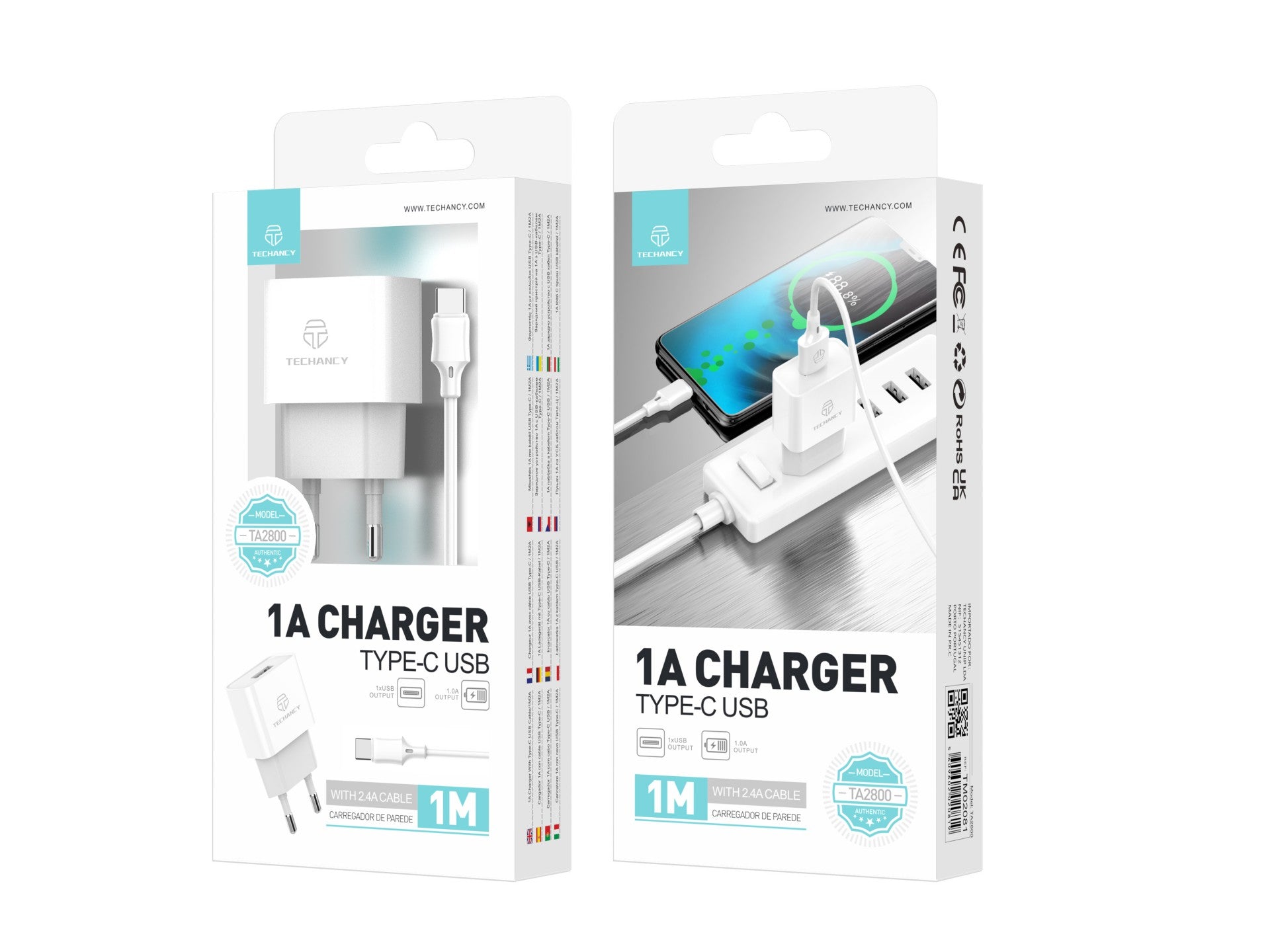 Techancy USB Charger for Mobile Phone White TA2776, Stable Charging 5V-1A with USB-Type-C Cable Set 1m