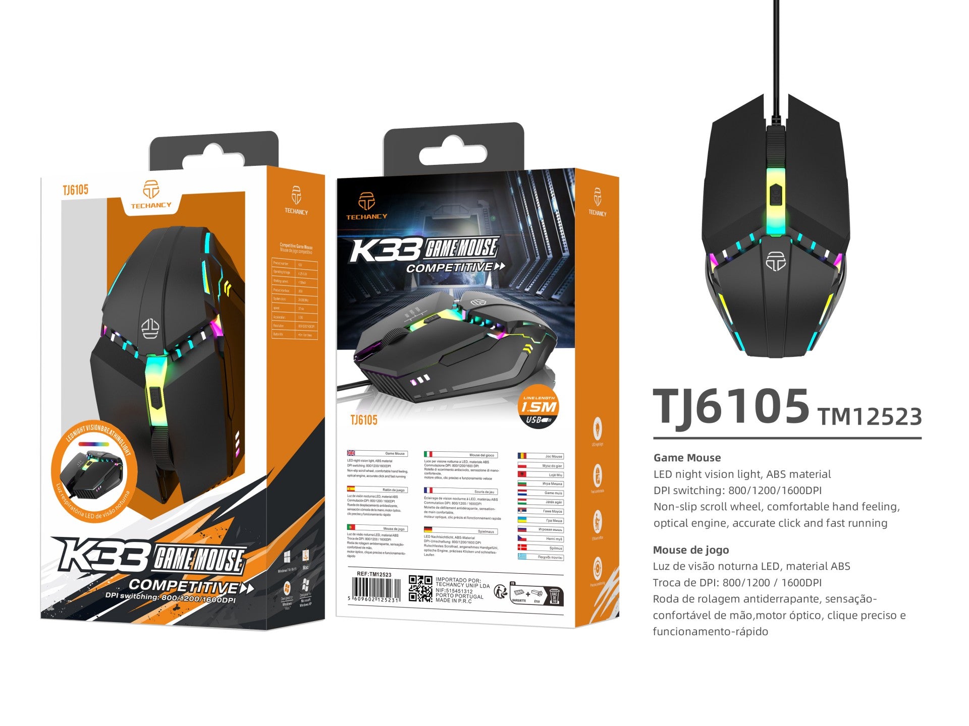 Ratón para juegos Techancy TJ6105, 1,5 m, con LED, cambio de DPI de 3 velocidades, rueda de desplazamiento antideslizante