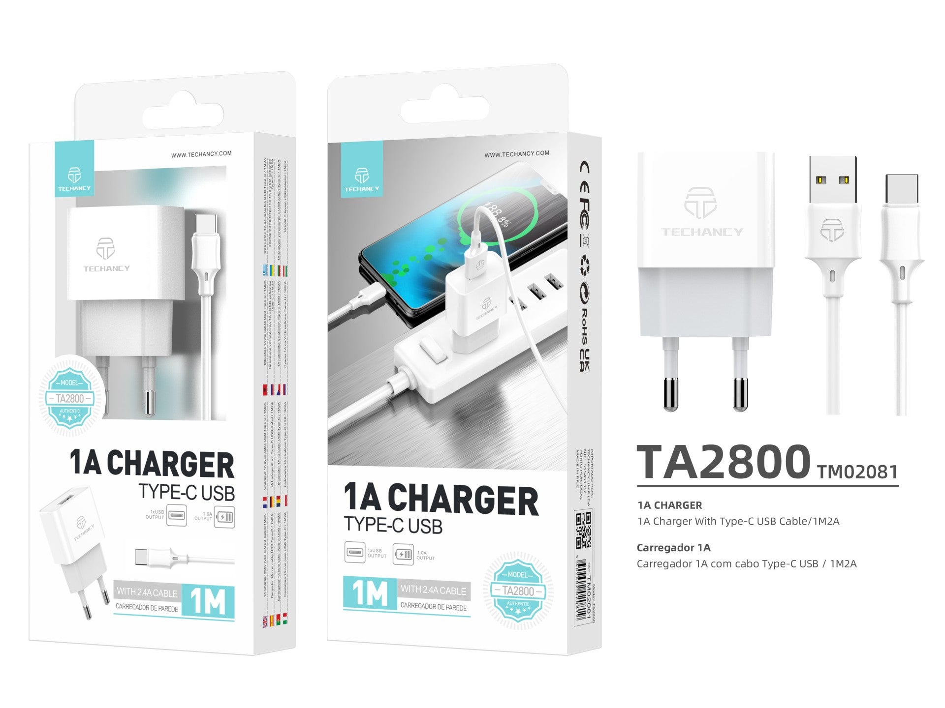 Techancy USB Charger for Mobile Phone White TA2776, Stable Charging 5V-1A with USB-Type-C Cable Set 1m