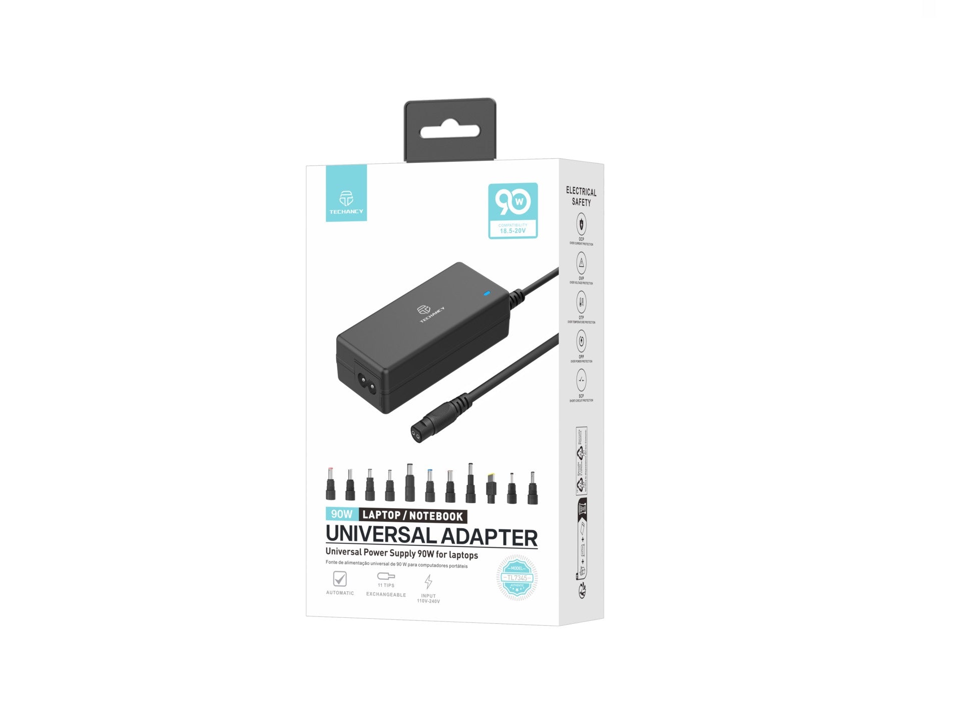Techancy  Adaptador de energia universal TL7344 para laptops, com potência de 90W, 11 conectores e proteções contra sobrecorrente e sobretensão