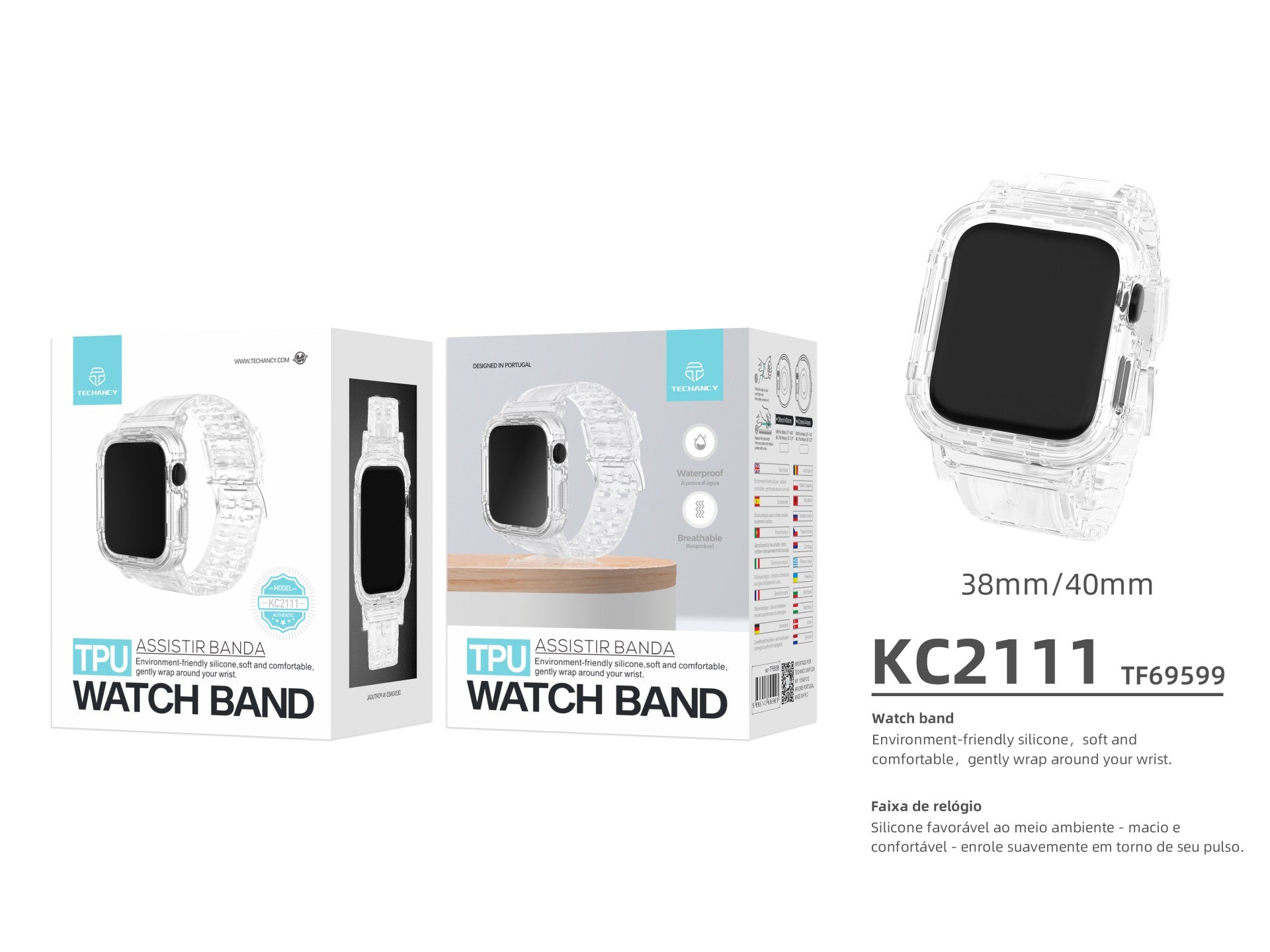 Pulseira de silicone Techancy, KC2111, compatível com Apple Watch 38-40 mm, cor transparente