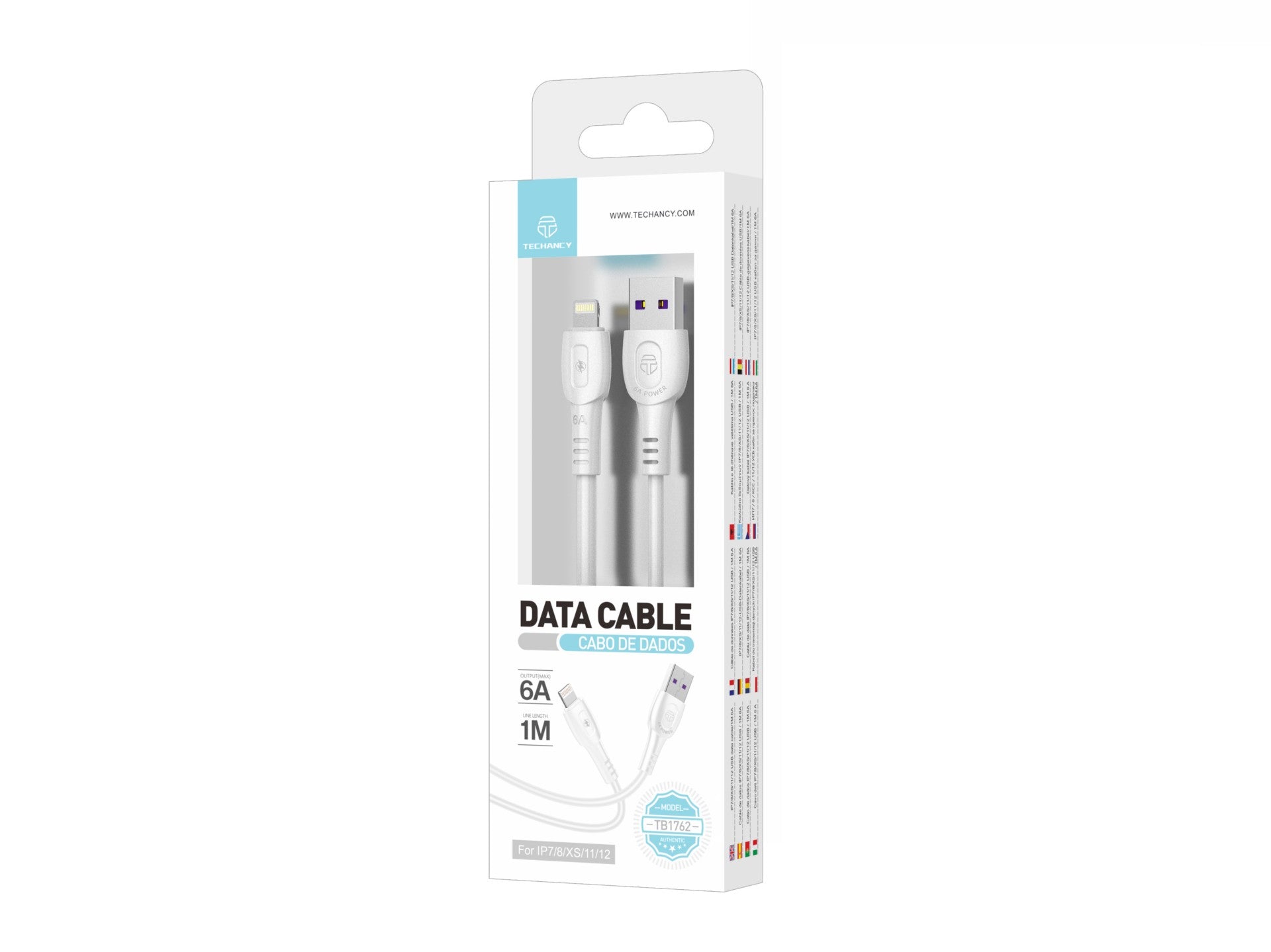 Techancy Cabo De Dados De Carregamento Super-Rápido 6A Branco TB1762, Porta Usb-Ip8/X/11-14, 1 M De Comprimento, Carregamento Rápido