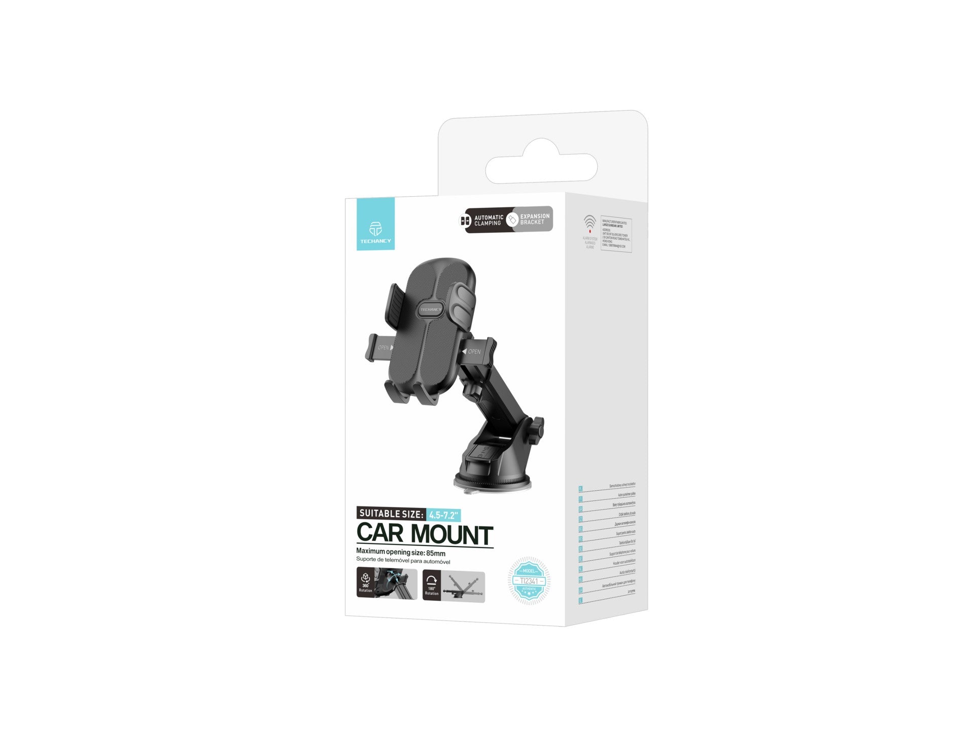 Techancy Car Phone Holder TI2341 Suction Base Automatic Operation Compatible 4.5-7.2 in Black