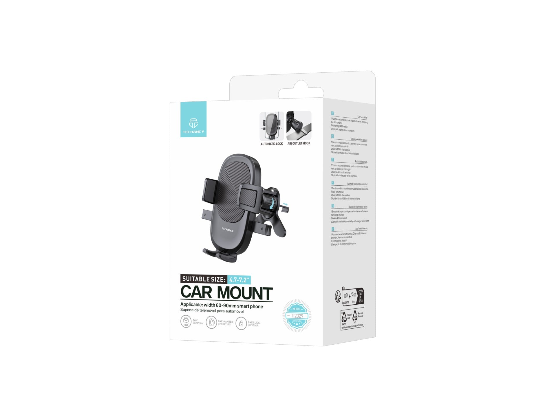 Soporte para teléfono de coche Techancy Ti2329, color negro, para rejilla de ventilación, para teléfonos de 4,7 a 7,2 pulgadas