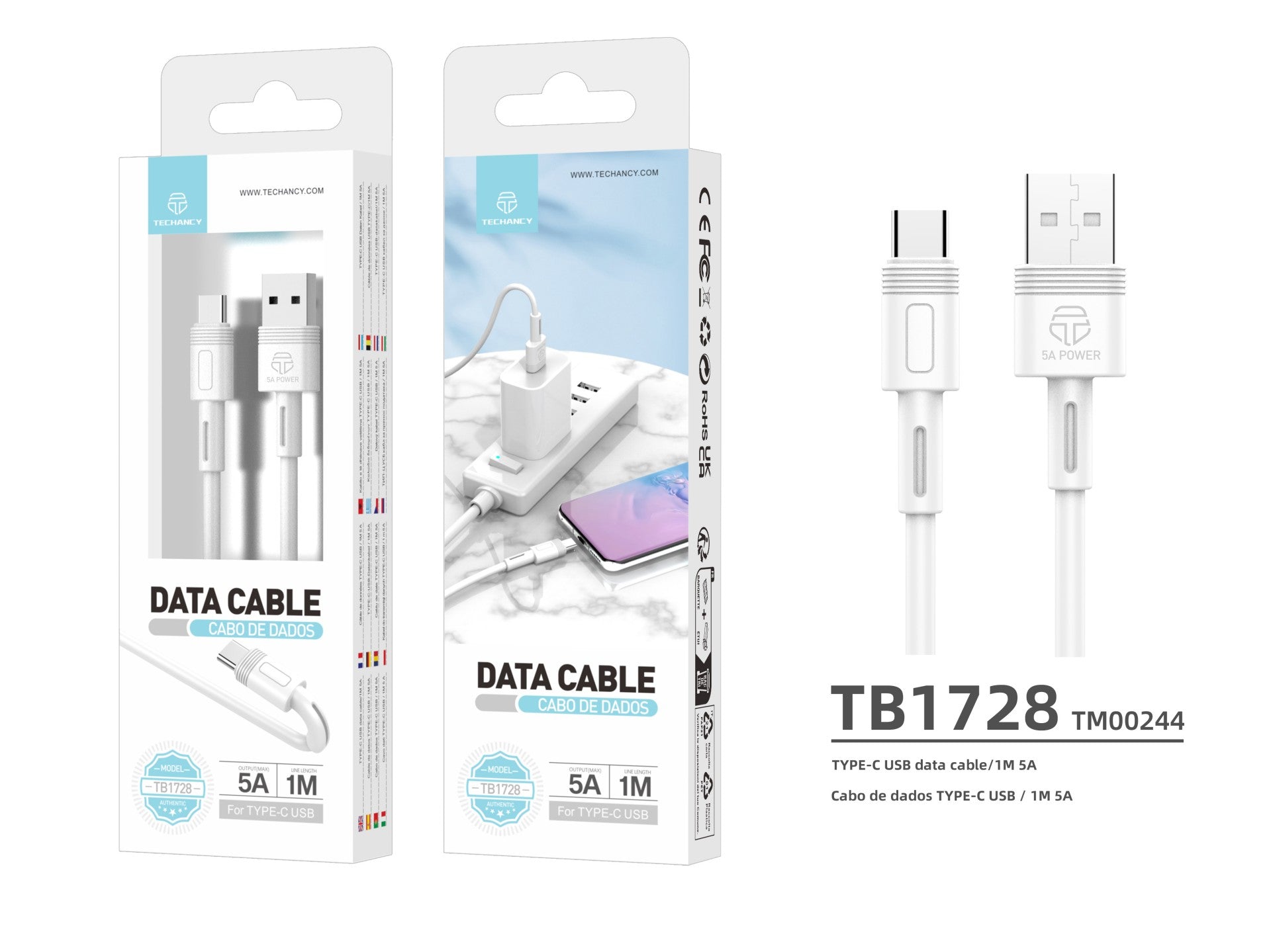 Techancy Cabo De Dados De Carregamento Rápido 5A 1m Branco TB1728, Interface Usb-Tipo C, Suporta Transferência De Dados