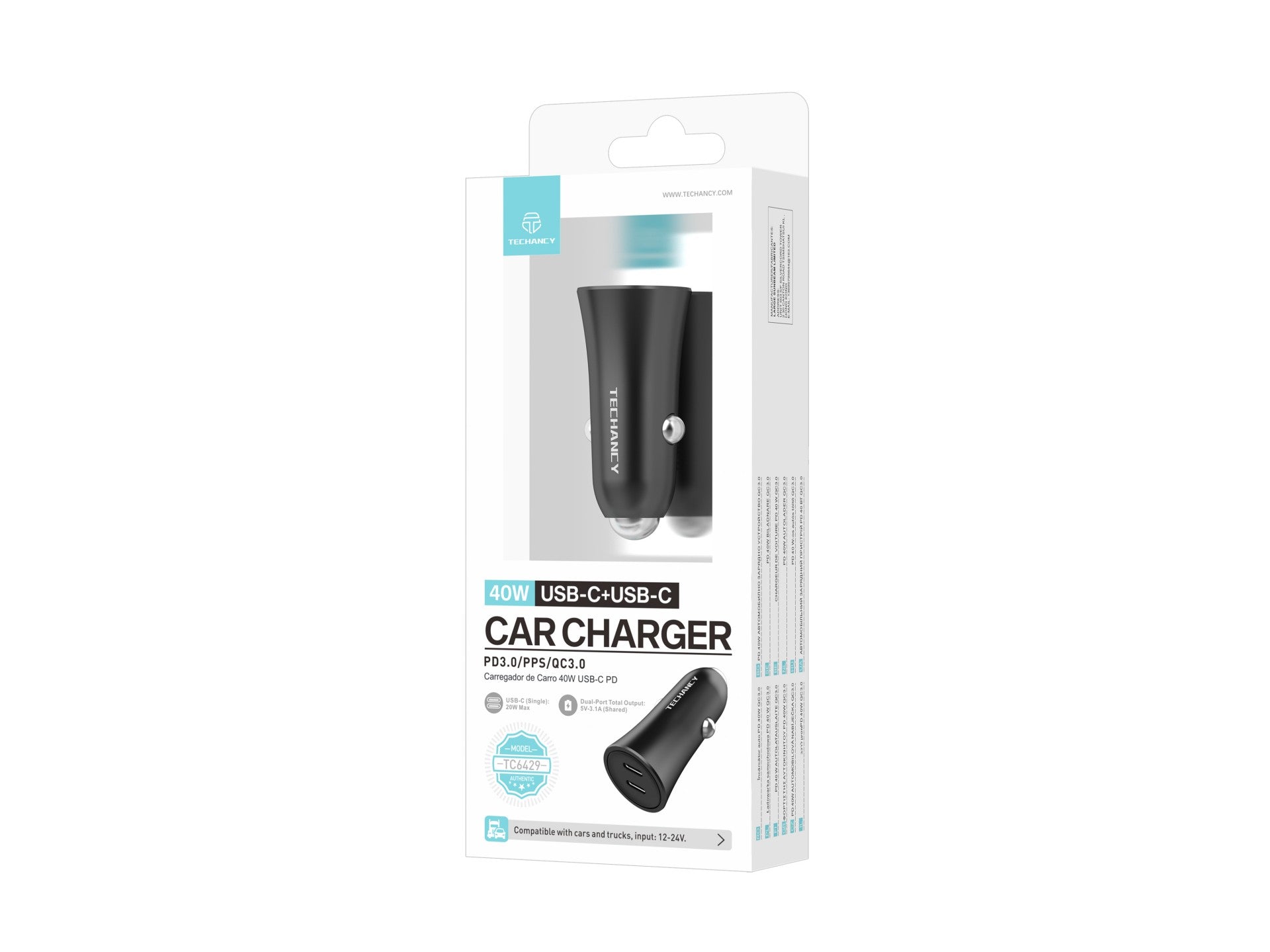 Cargador de coche Techancy TC6429 de 40 W con doble USB C PD PPS QC3.0, carga rápida, 12 V, 24 V, color negro