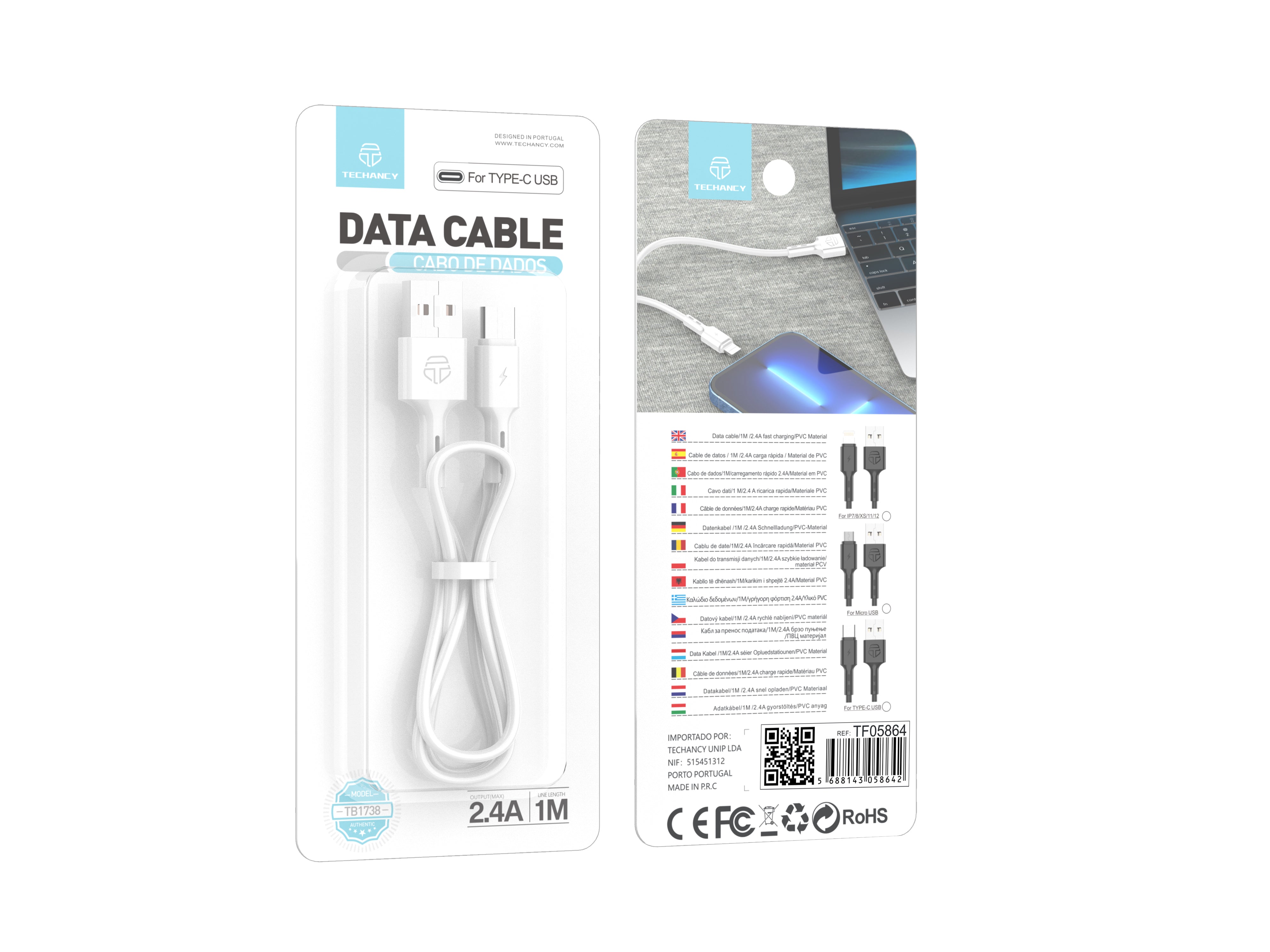 Cable de datos USB tipo C Techancy, TB1738, 1 m, carga rápida de 2,4 A, transferencia de datos, blanco