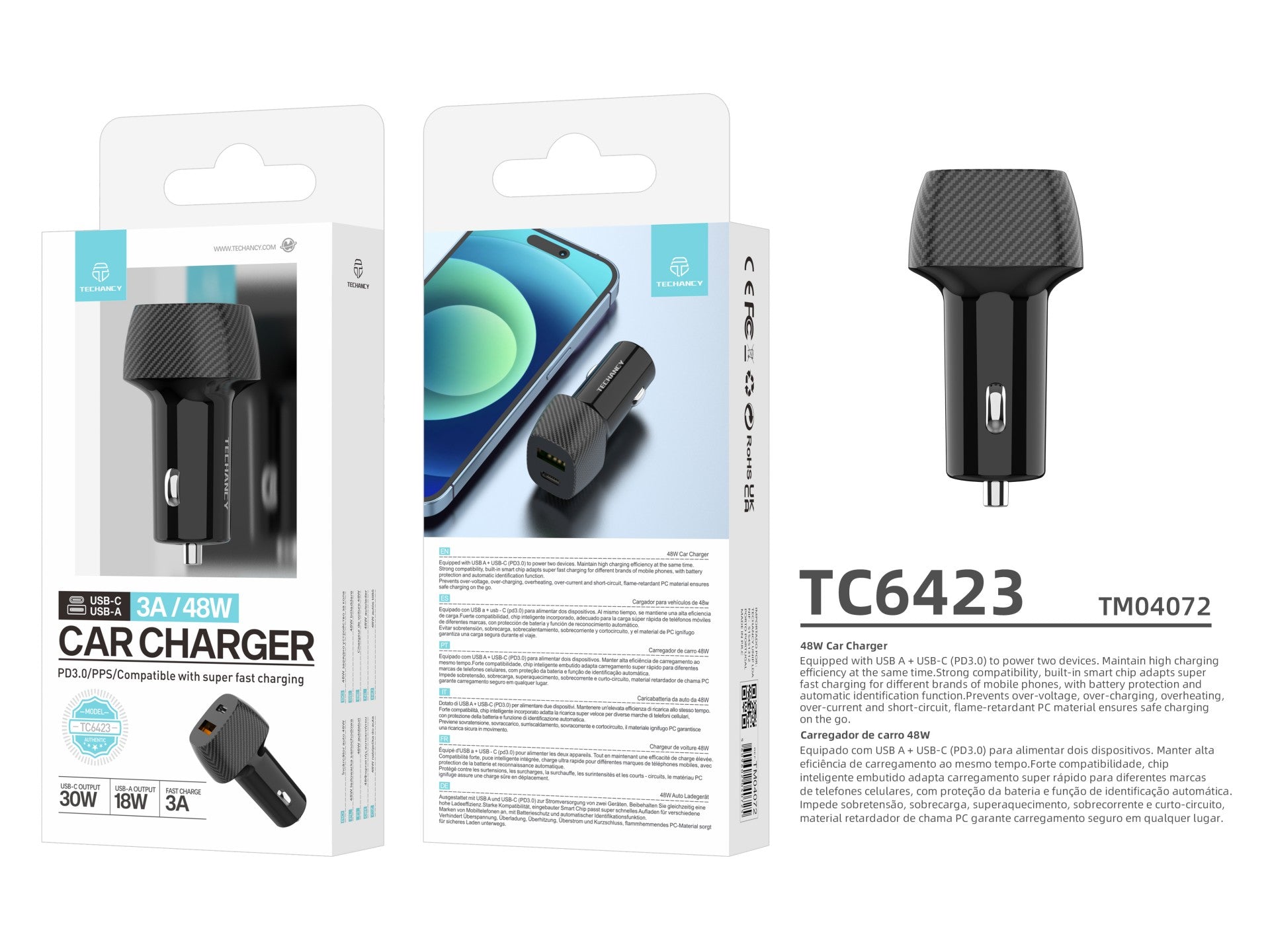 Techancy Carregador Deautomóvel48w  TC6432, Carregamento Rápido Pd3.0 De Porta Dupla Usb-A+Usb-C, Preto