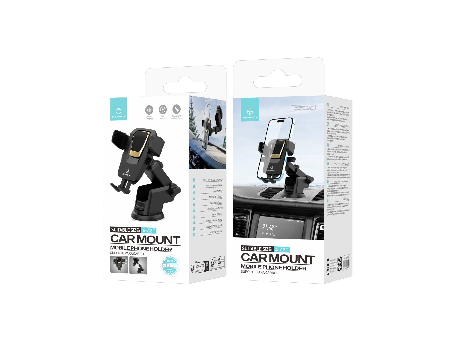 Techancy Suporte Para Telemóvel Com Ventosa Para Automóvel Preto/Dourado Ti2188, Bloqueio Com Um Toque, 4-7,2 Polegadas