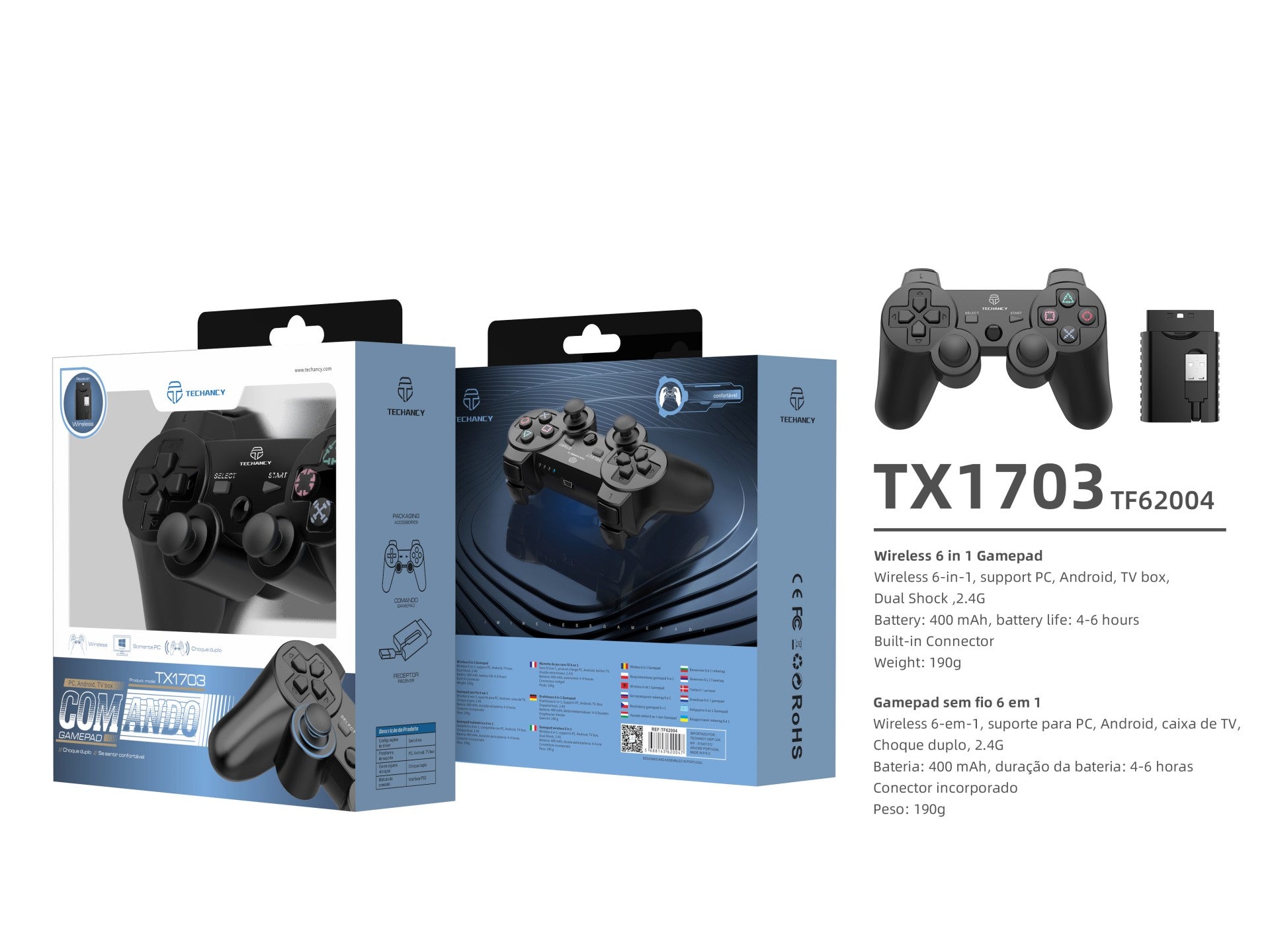 Techancy 6-in-1 Wireless Gaming Controller, Built-in Battery, 2.4G Wireless Connection, TX1703, Compatible with PC/Android/TV Box/PS3/TV/Game Box, Black