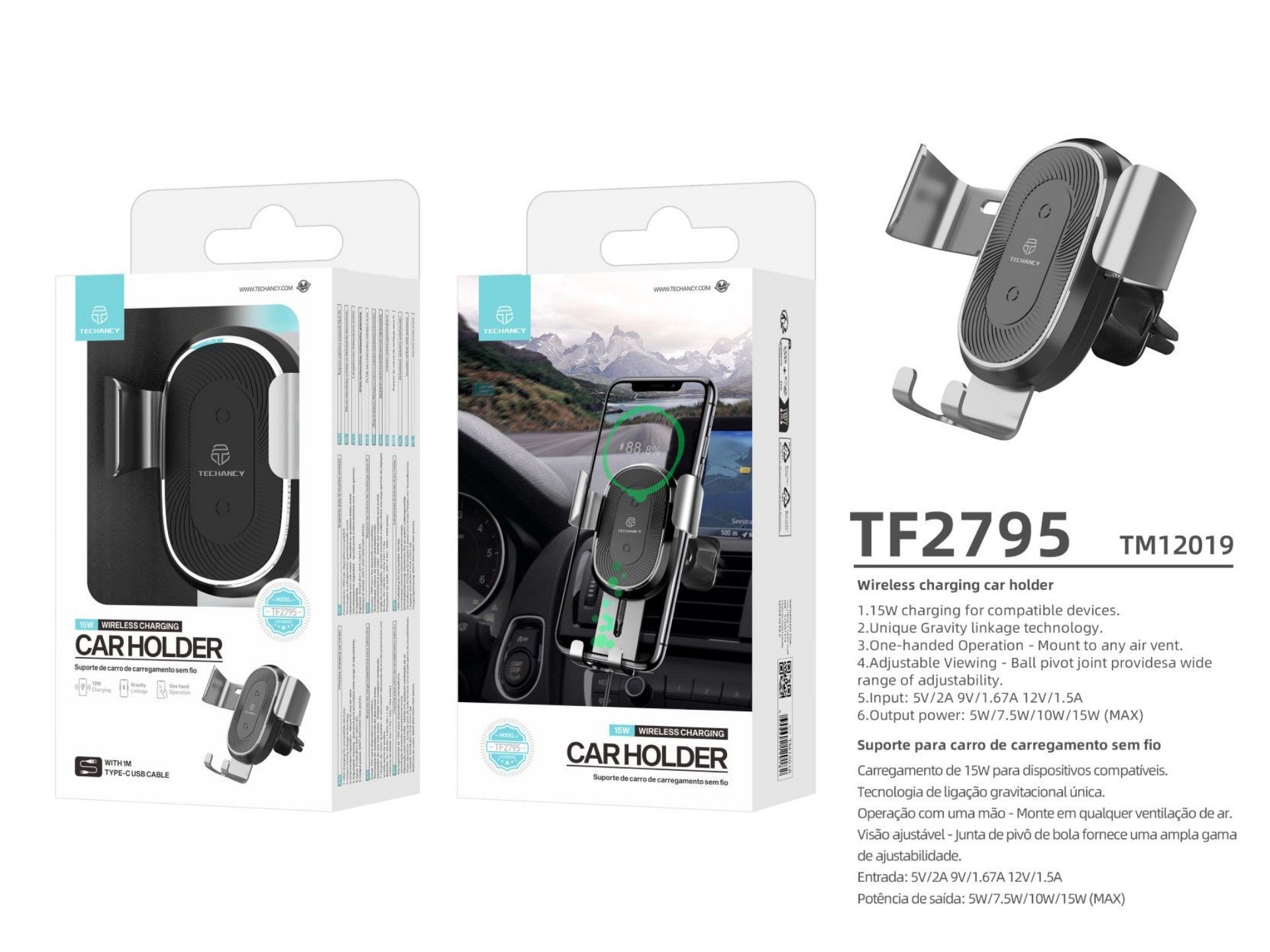 Techancy Suporte Para Telemóvel De Automóvel Com Carregamento Sem Fios TF2795, Carregamento De 15 W, Tecnologia Gravity Link