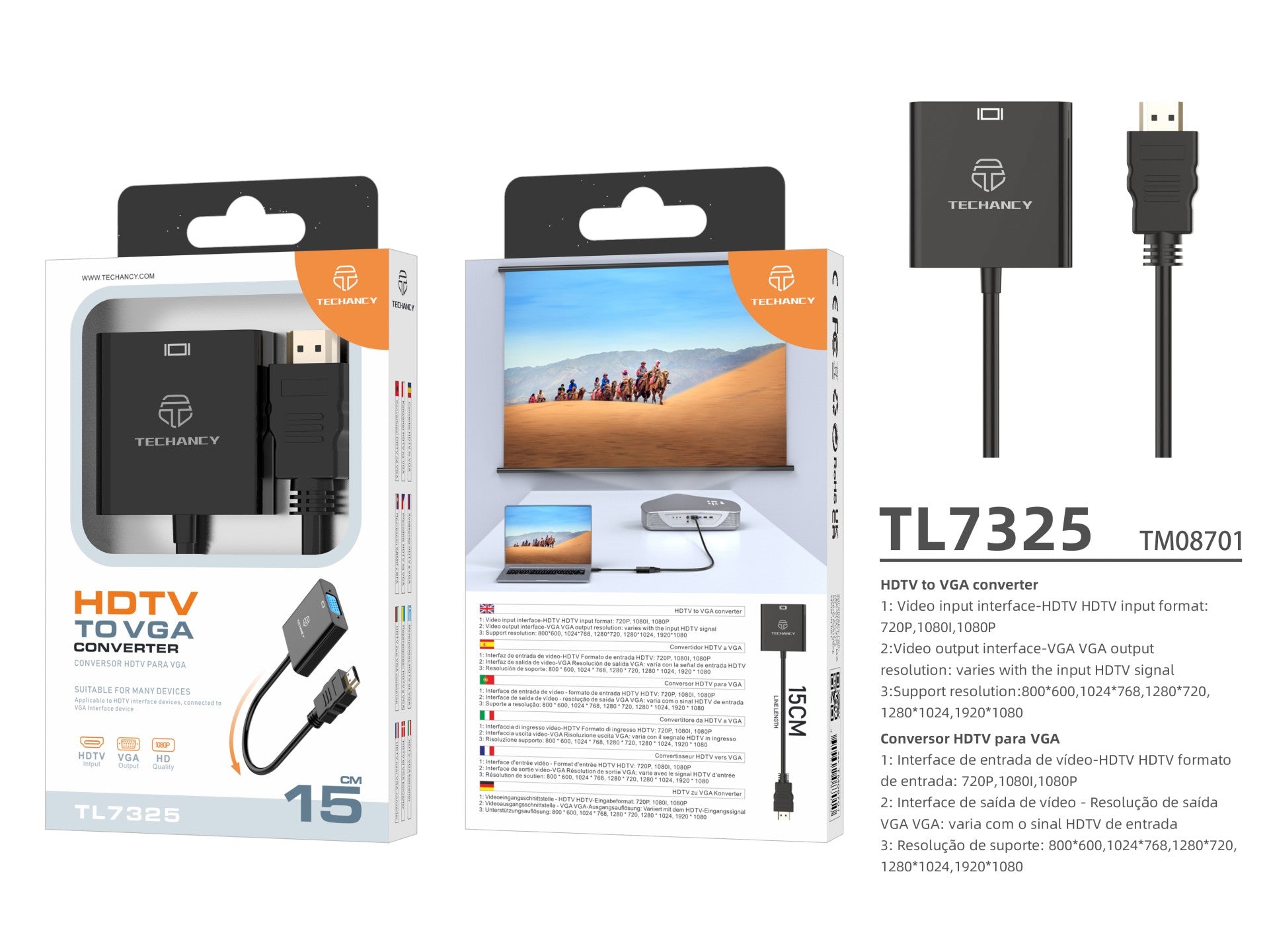 Techancy Conversor De Vídeo Hd TL7325,  Interface Hdmi Para Vga, Suporta Resolução Hd 1080p, Preto