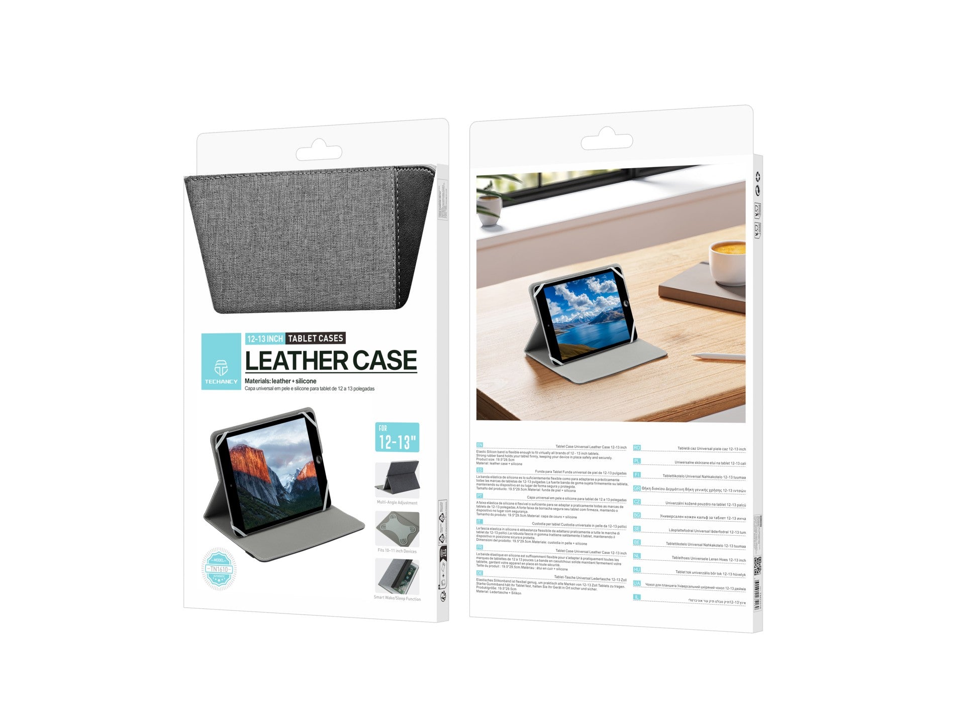 Techancy Capa Tablet TN1610 Universal Para 12-13 Polegadas Couro Silicone Ajustavel Multiangulos Faixa Elastico Antiderrapante Cinza