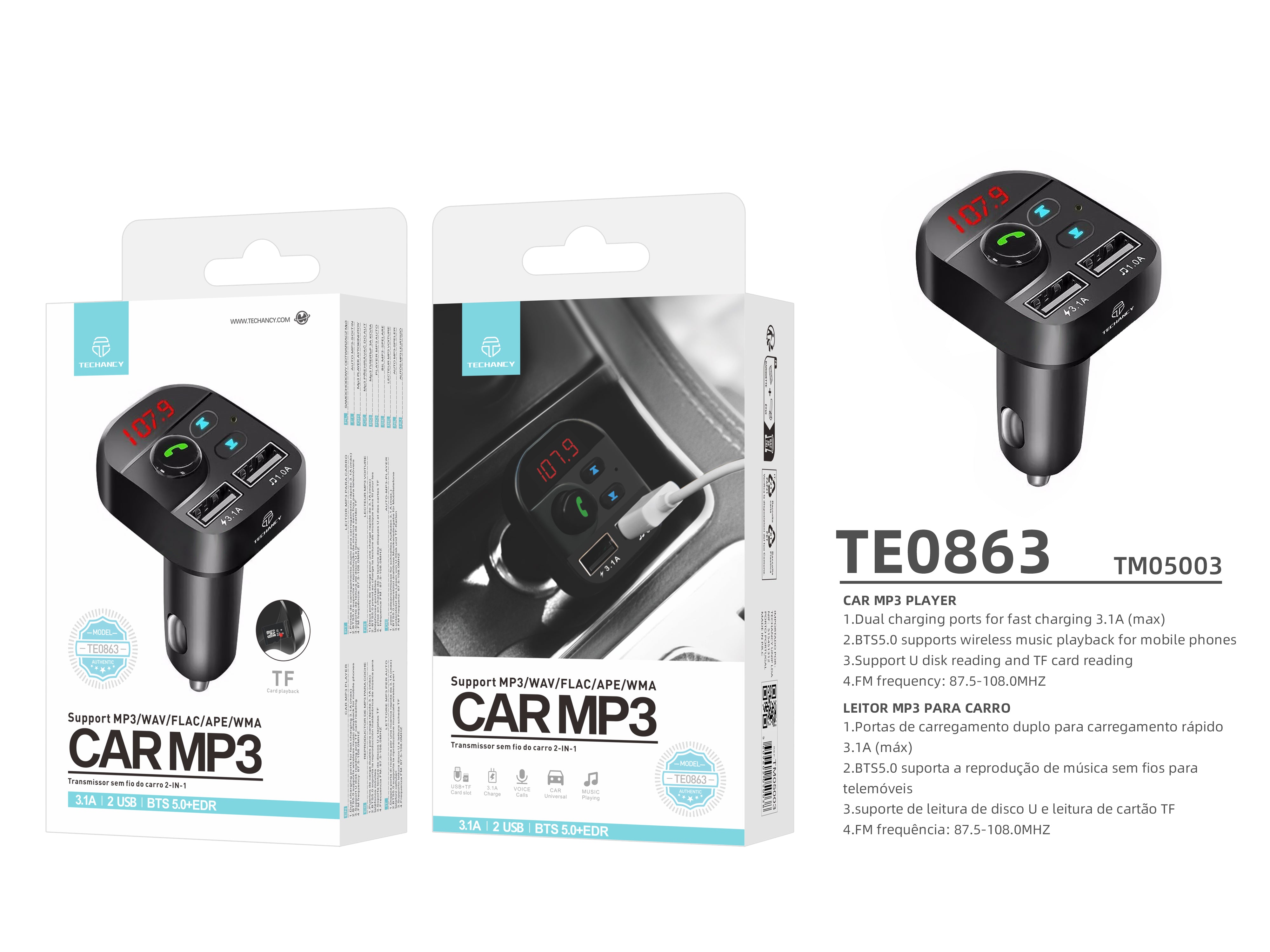 Techancy Leitor Mp3 Para Automóvel Preto TE0863, Carregamento Rápido De 3,1 A, Ligação Fm+Bluetooth, Entrada 12-24 V