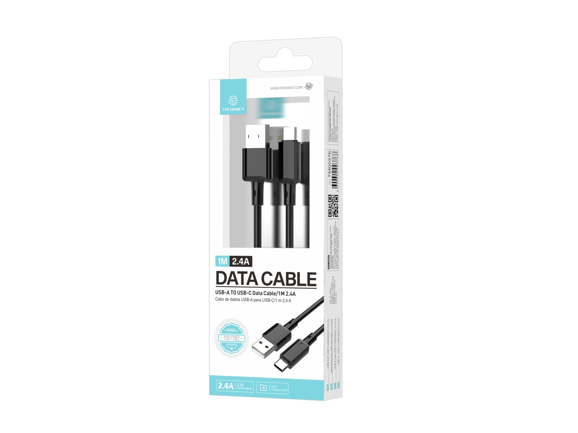 Techancy Cabo USB A para USB C TB1782 1m 2.4A Carregamento rapido e dados para Android Telemovel Tablet Preto