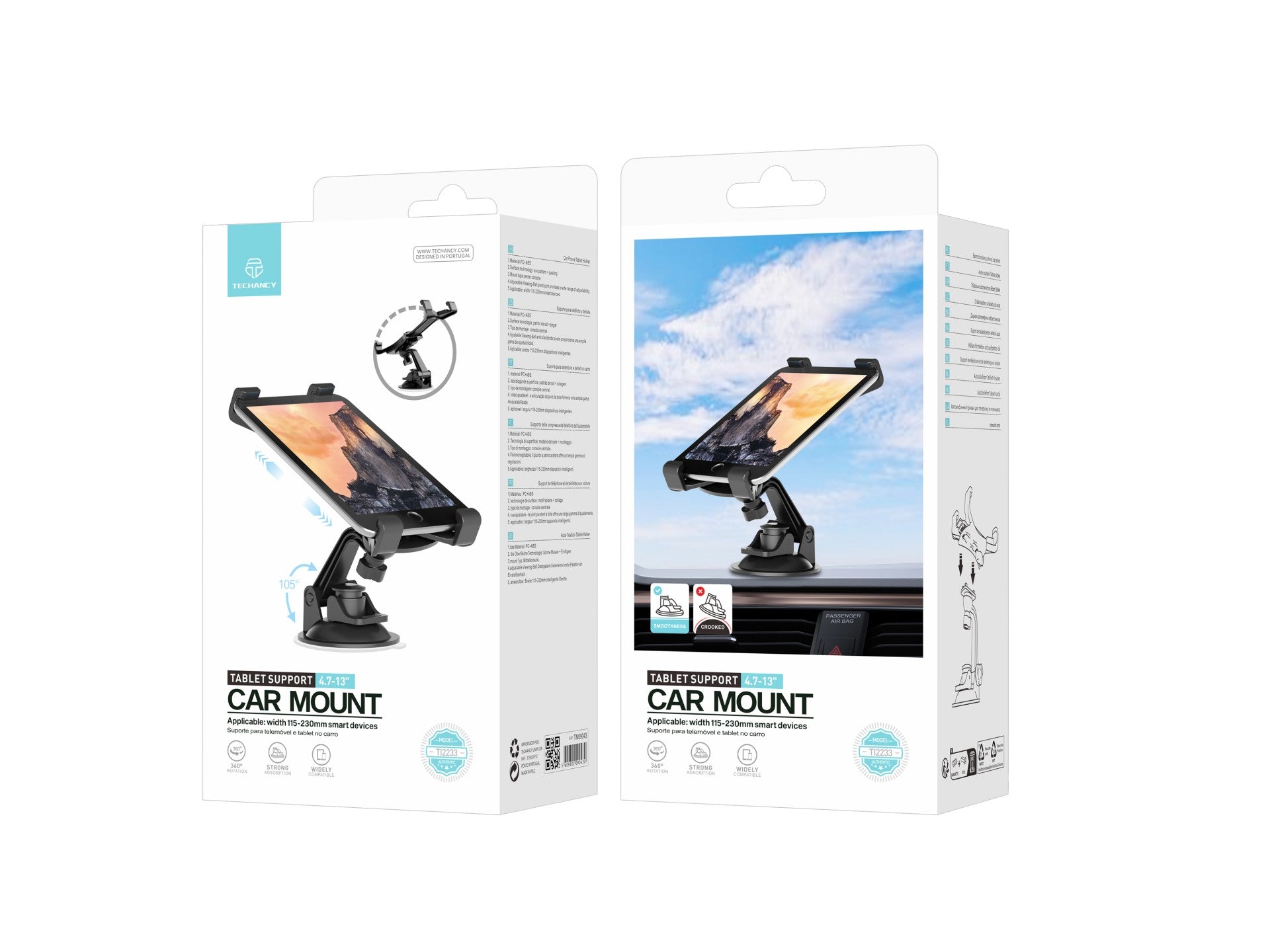 Techancy Suporte para Telemóvel e Tablet 4.7-13" TI2233 Preto, Rotação 360°, Ventosa Ajustável, Material PC+ABS