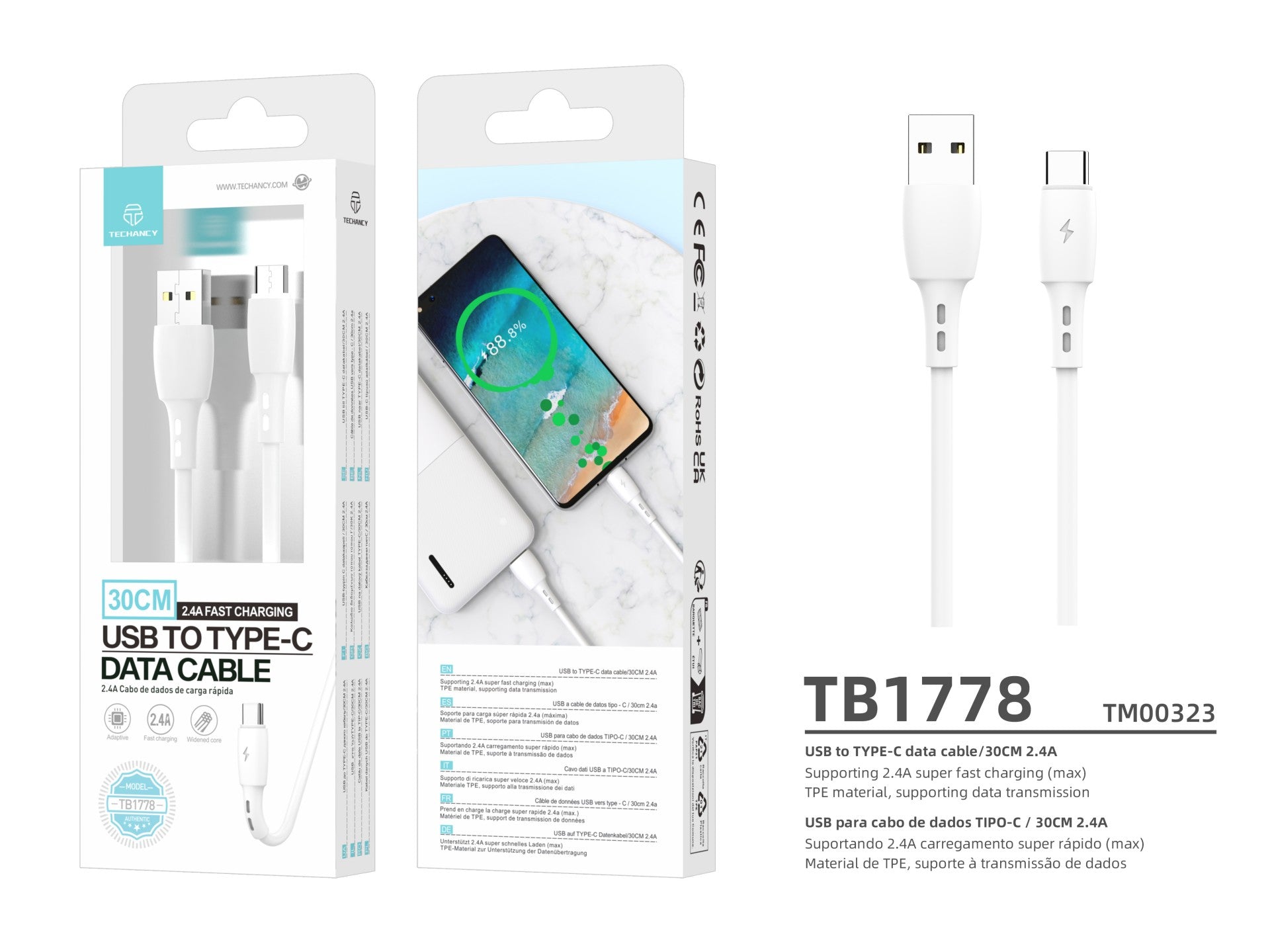 Cable de datos USB tipo C Techancy blanco TB1778, carga de 2,4 A, 30 cm, apto para usar con banco de energía