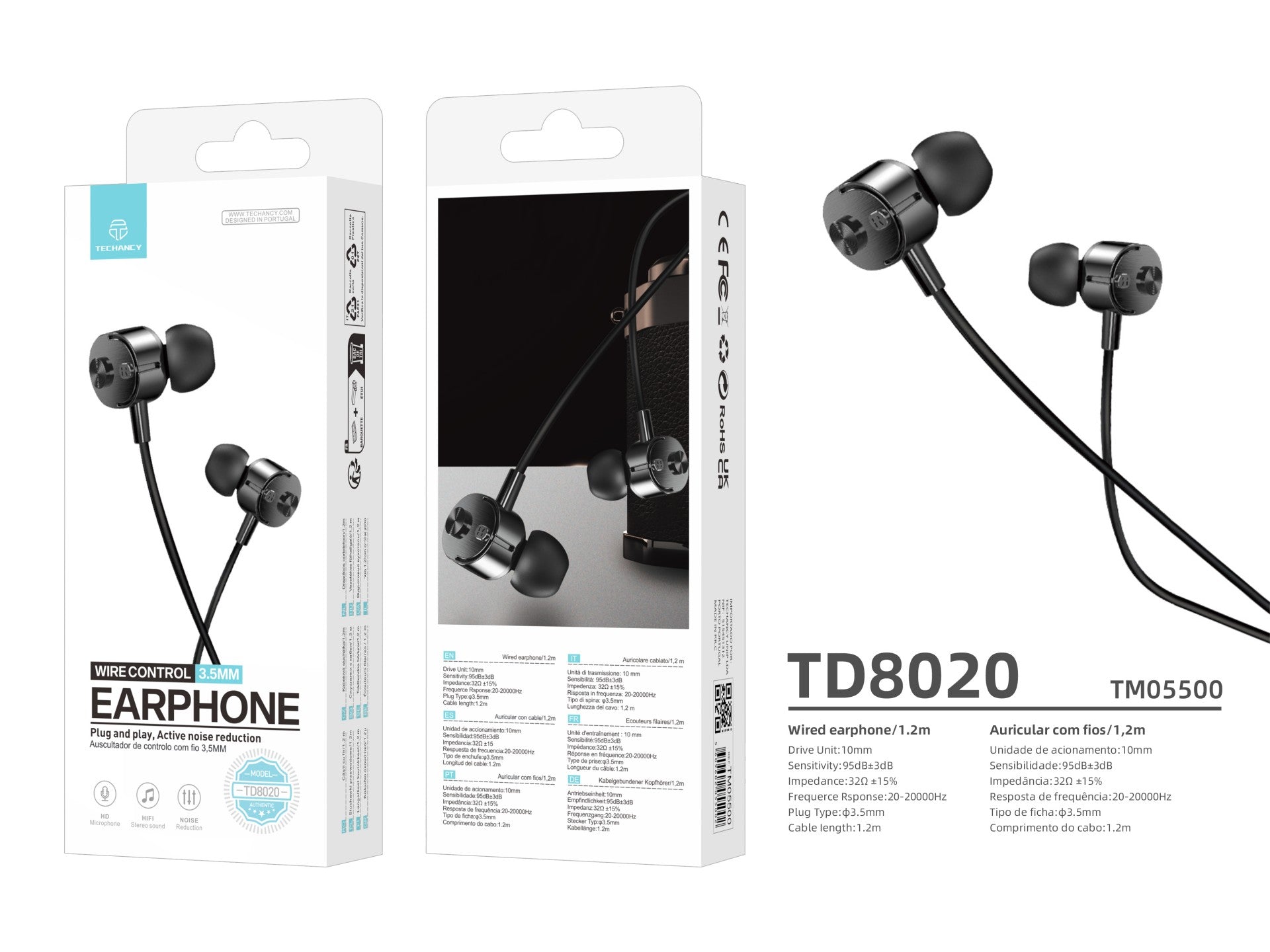 Techancy TD8020 Wired Headset, 3.5mm Plug, In-Line Control, HD Microphone, 1.2m Cable, Black