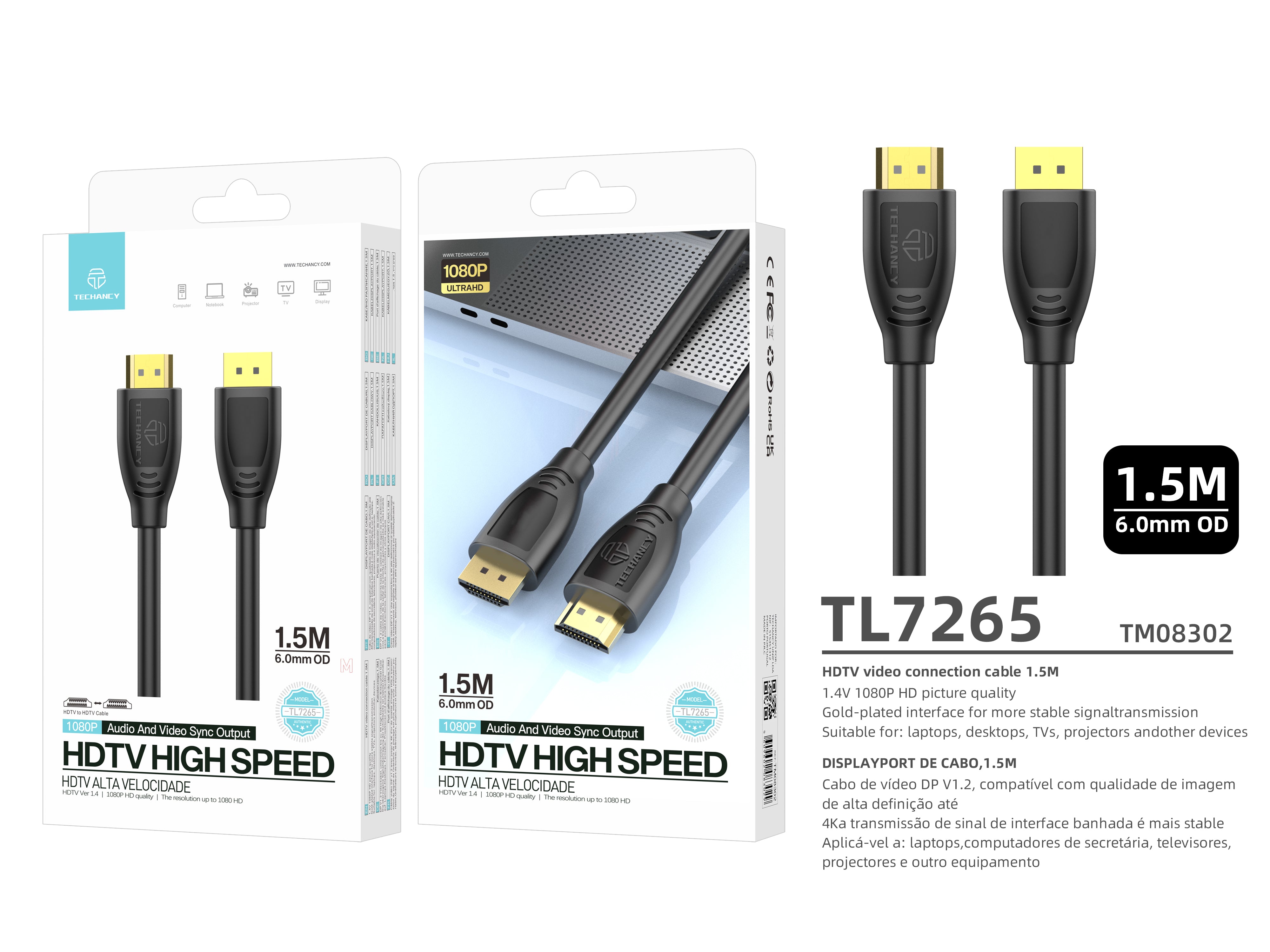 Techancy High Speed HDTV Cable TL7265, 1.5m, 1080p HD Screen for Televisions, Computers, Projectors and Consoles