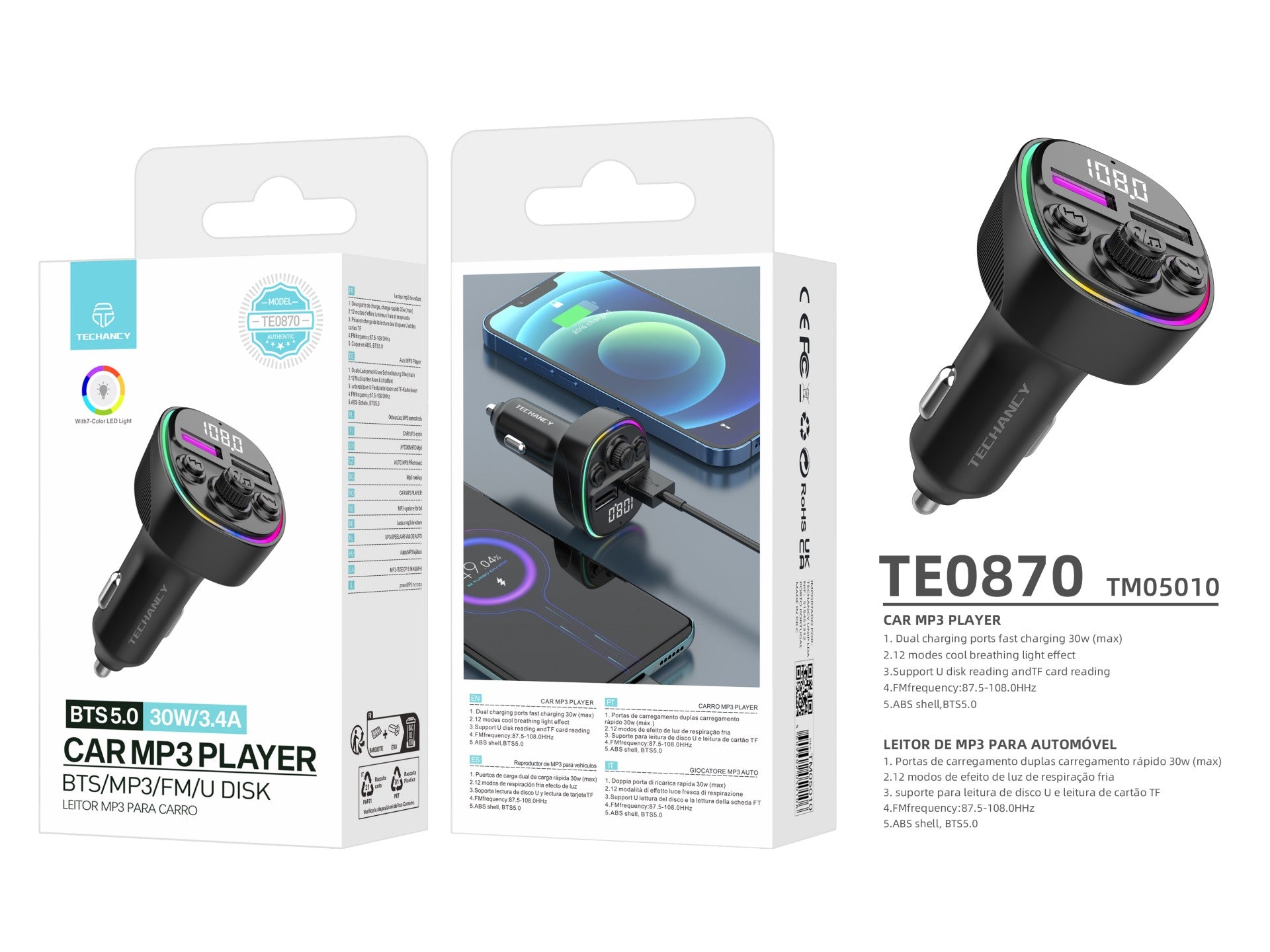 Techancy Transmissor Fm Para Automóvel  TE0870, Carregamento Rápido Pd De 30 W, Reprodução De Música Mp3, Entrada De 12-24 V