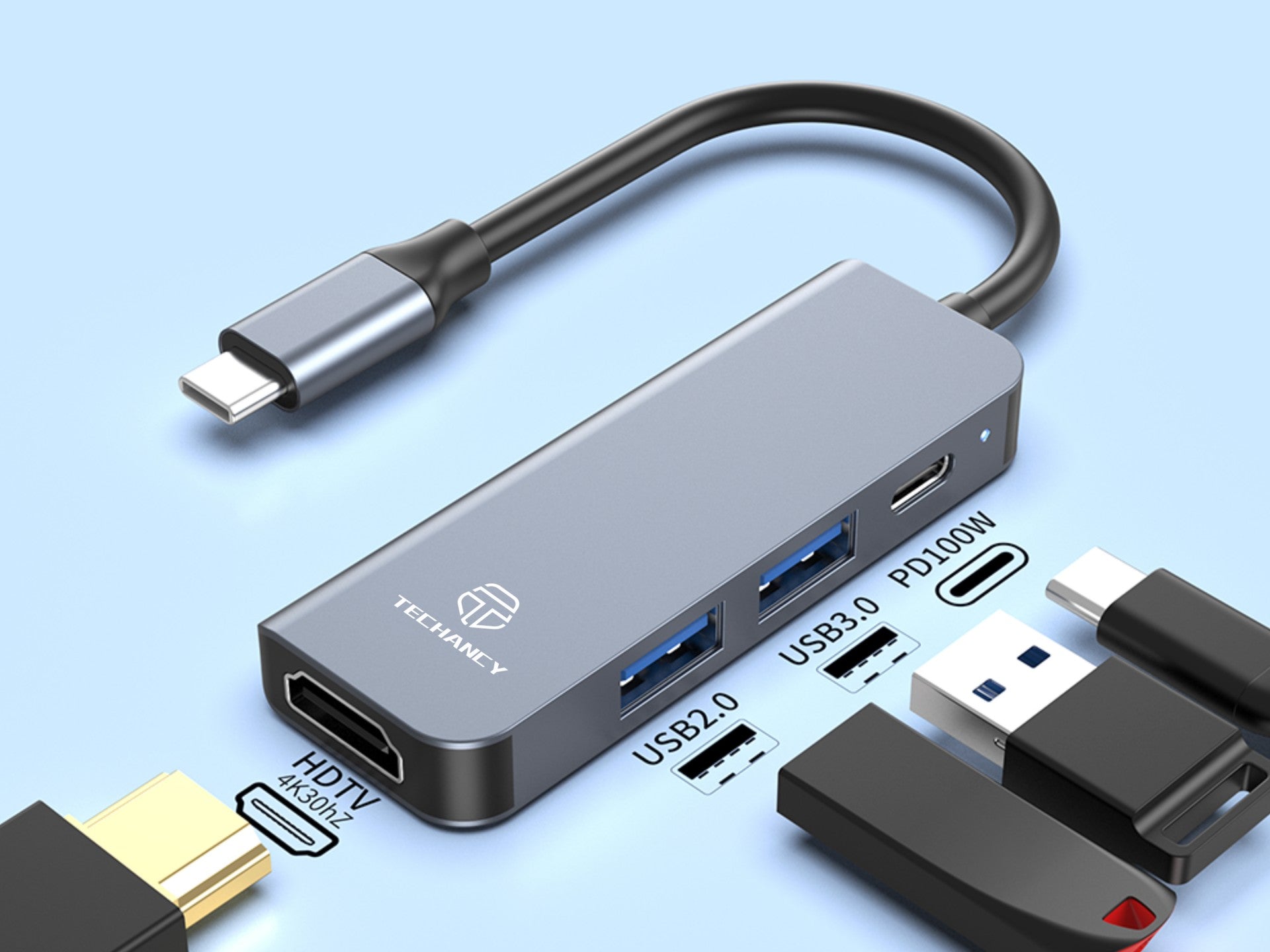 Hub USB-C 4 en 1 Techancy KT2908 con HDTV, PD, USB 3.0 y USB 2.0, compatible con PC y teléfonos móviles, color gris.
