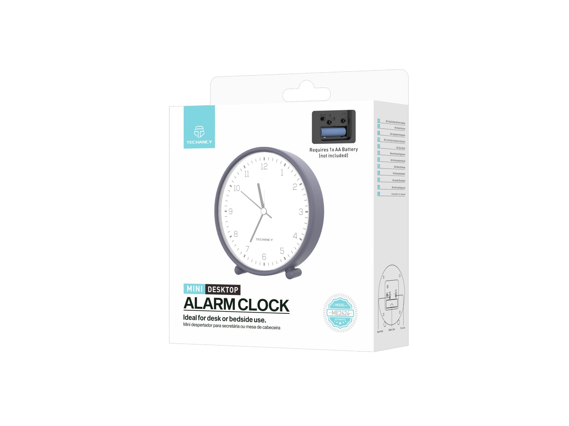 Techancy Mini ME2624 Silent Desk Alarm Clock, Large Numbers, Mirror, HD ABS Body, Portable for Bedroom and Desk, Gray Color