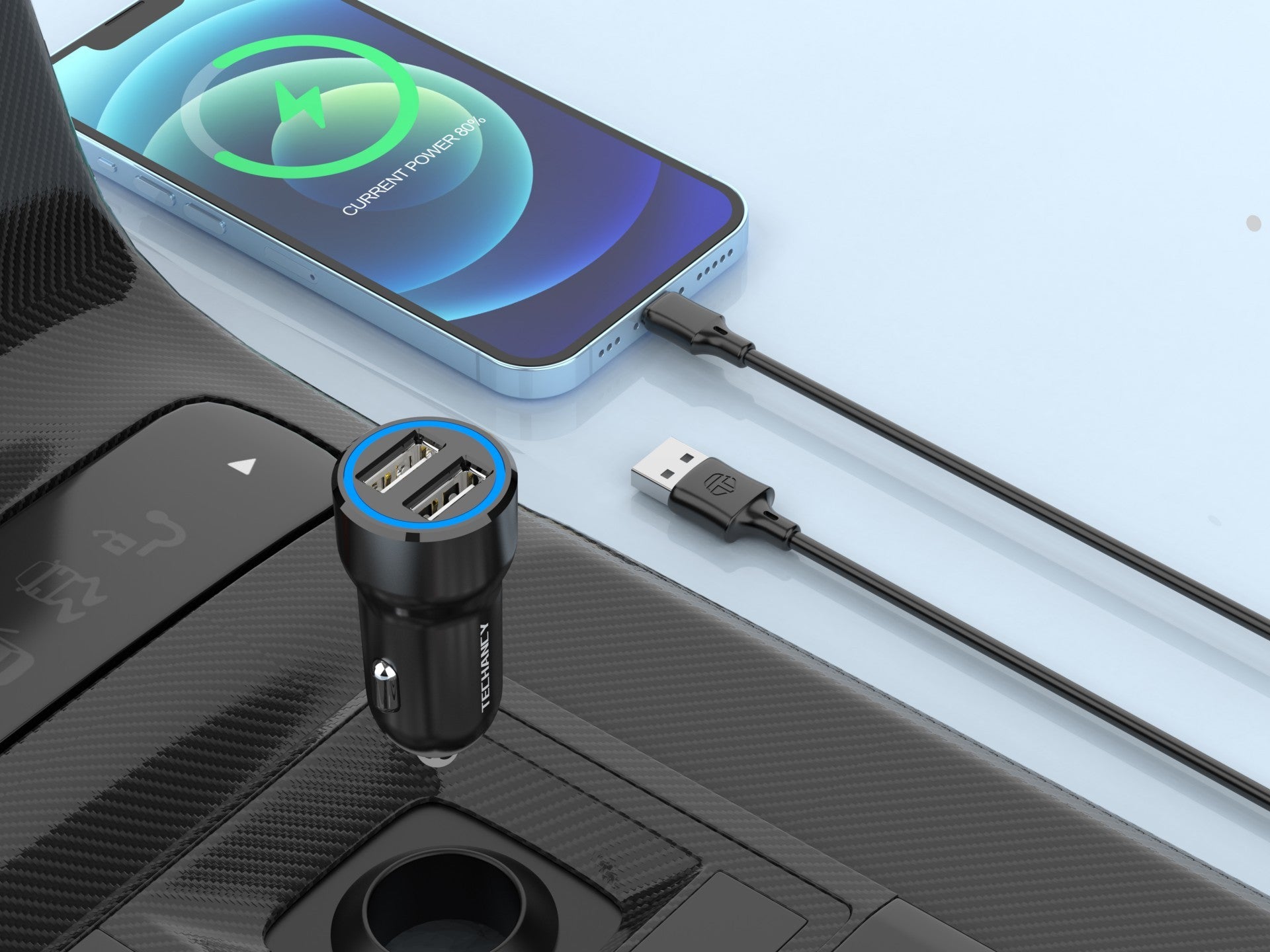 Techancy 2USB 2.4A Car Charger with 11-14/1M IP Cable TC6421 Black, Fast Charging, Multiple Protections