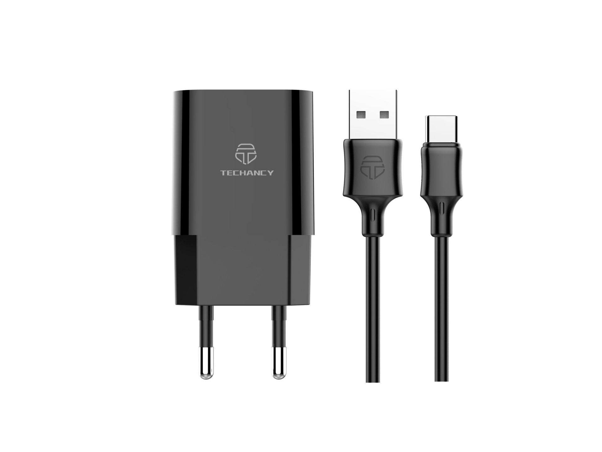 Techancy 2-USB Black Wall Charger TA2791.5V-2.4A Charging, 1m USB-Type-C Cable Set, Supports USB-C Mobile Phones