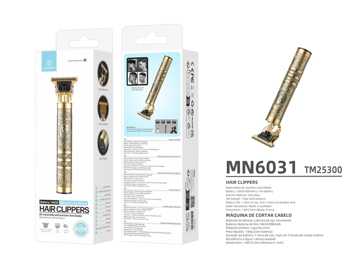 Techancy Maquina de Cortar Cabelo MN6031 com Lamina de Aco, Bateria 18650, USB-C, Corpo Metalico, Dourado