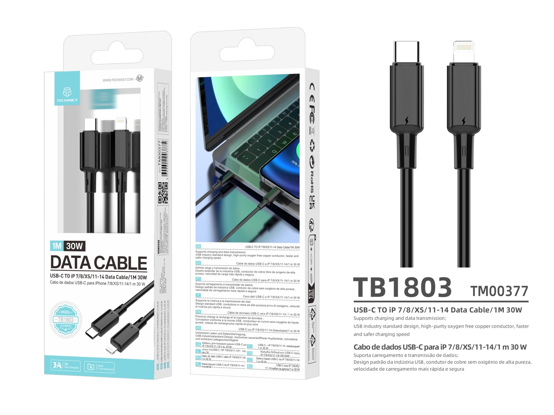 Techancy Cabo USB C para Lightning TB1803 1m 30W Carregamento rapido e dados iPhone 7 8 XS 11 12 13 14 Preto