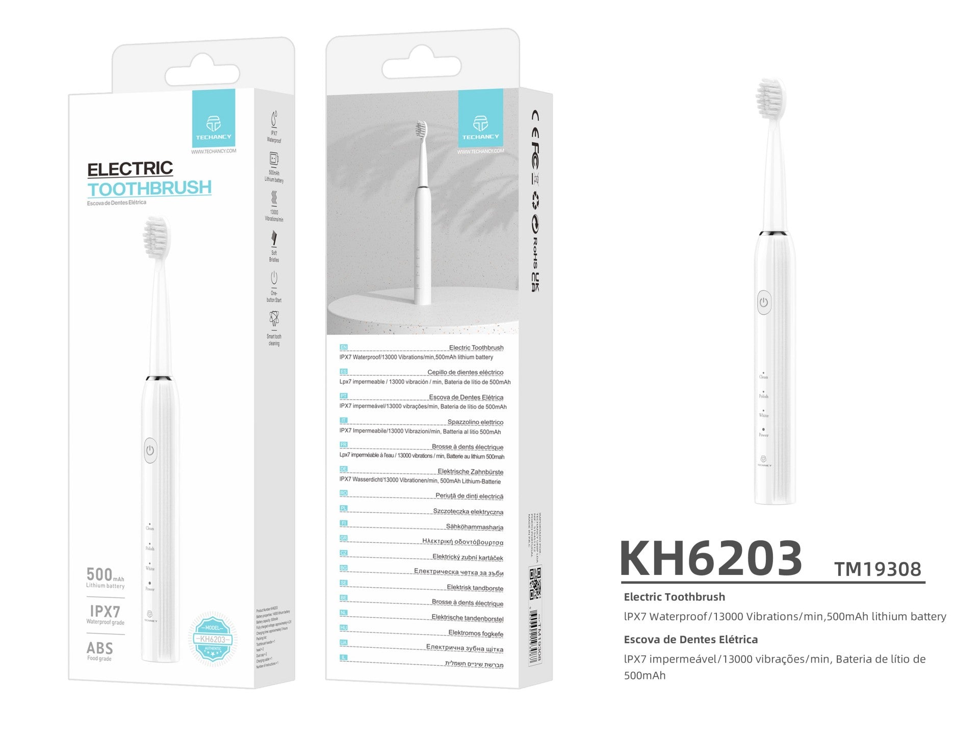 Techancy KH6203 White Electric Toothbrush, IPX7 Waterproof, Replaceable Brush Head, Rechargeable Battery