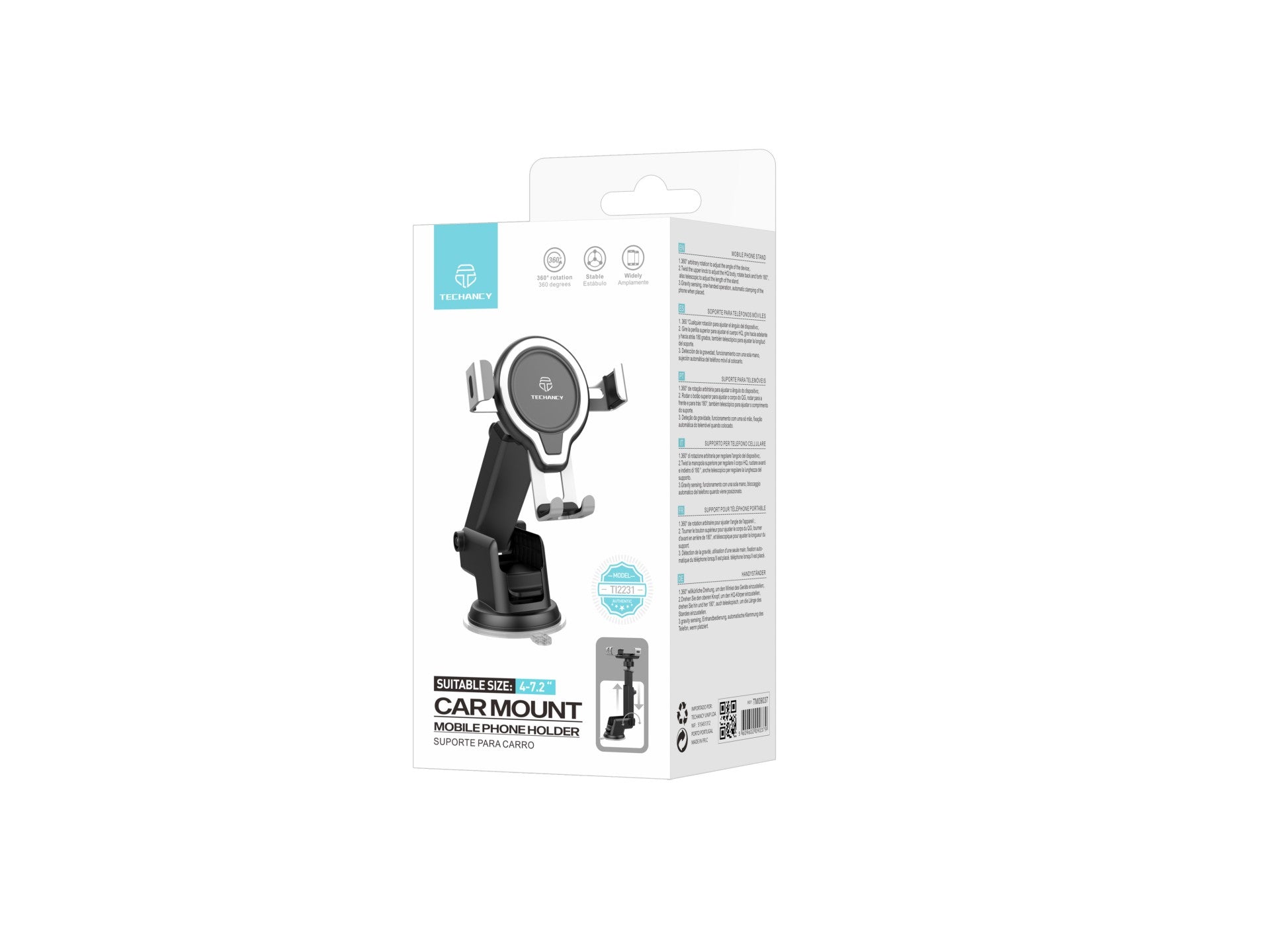 Techancy Suporte Para Telemóvel Para Automóvel Ti2231, Base De Ventosa Ajustável, Comprimento Telescópico, Rotação De 360