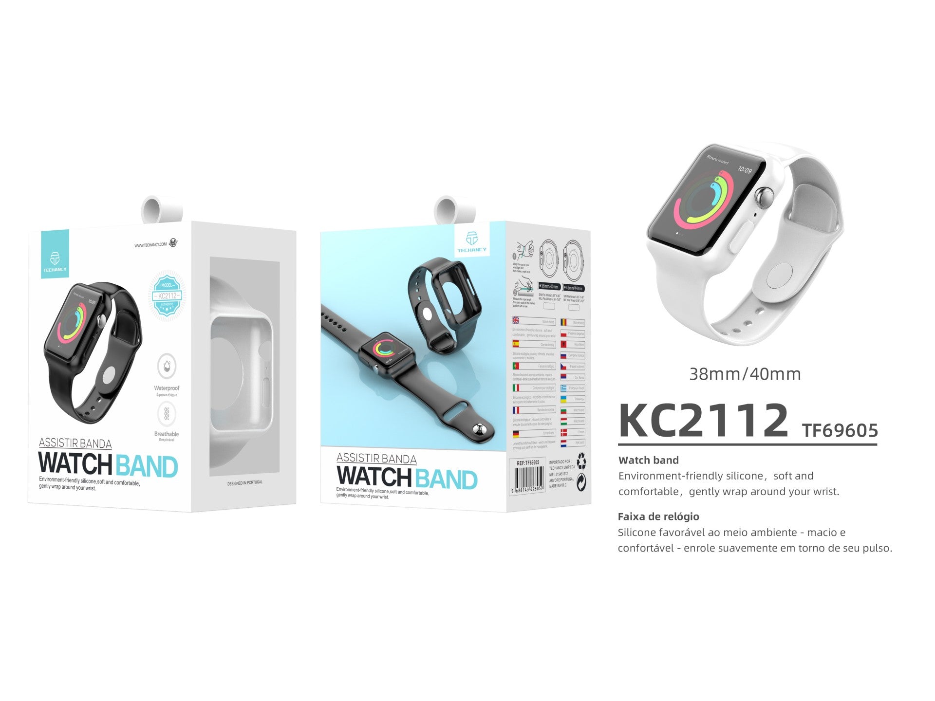 Pulseira para relógio totalmente adesiva Techancy, KC2112, compatível com Apple Watch 38-40 mm, Branco