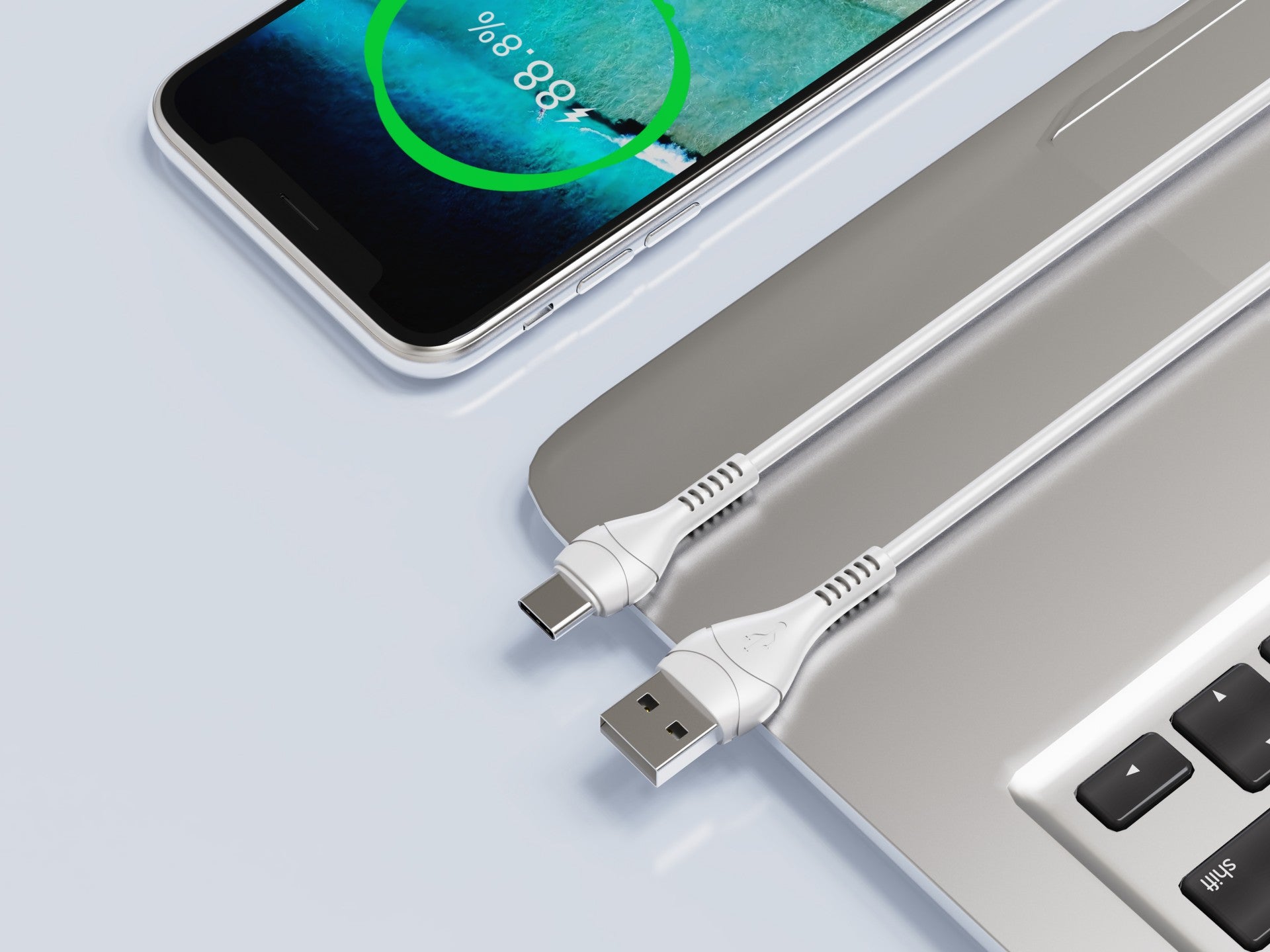 Techancy Cabo De Dados Usb-Type-C Branco 1M TB1775,Carregamento Rápido De 2,4 A, Suporta Transmissão De Dados, Material Pvc