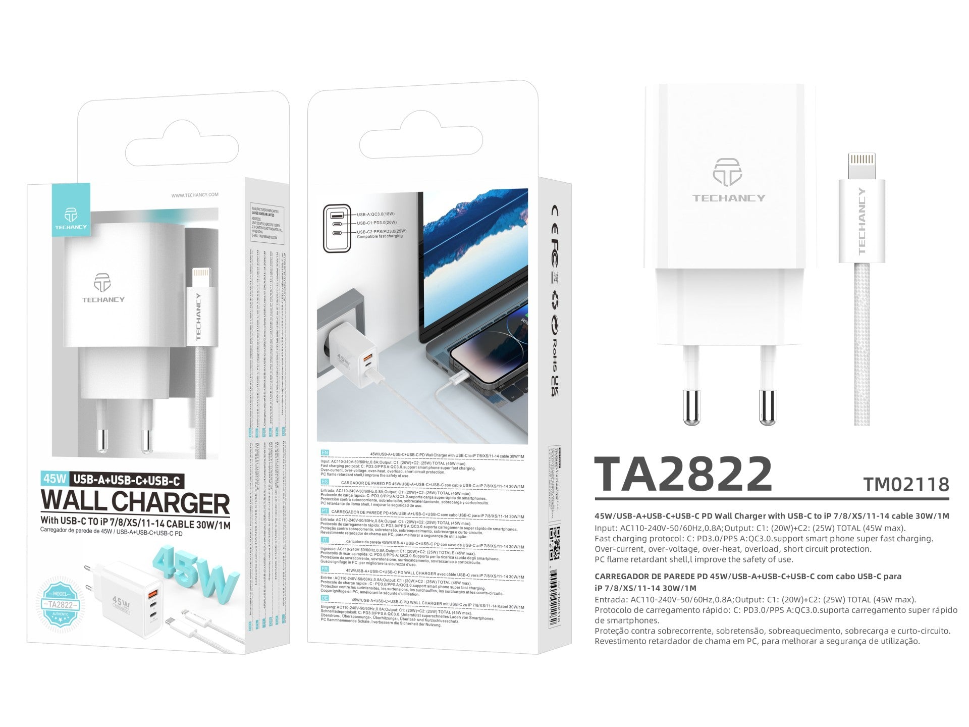 Techancy Carregador USB-A+USB-C+USB-C TA2822, 45W PD, com Cabo USB-C para Lightning de 1m, CompatIvel com iPhone 7/8/XS/11-14